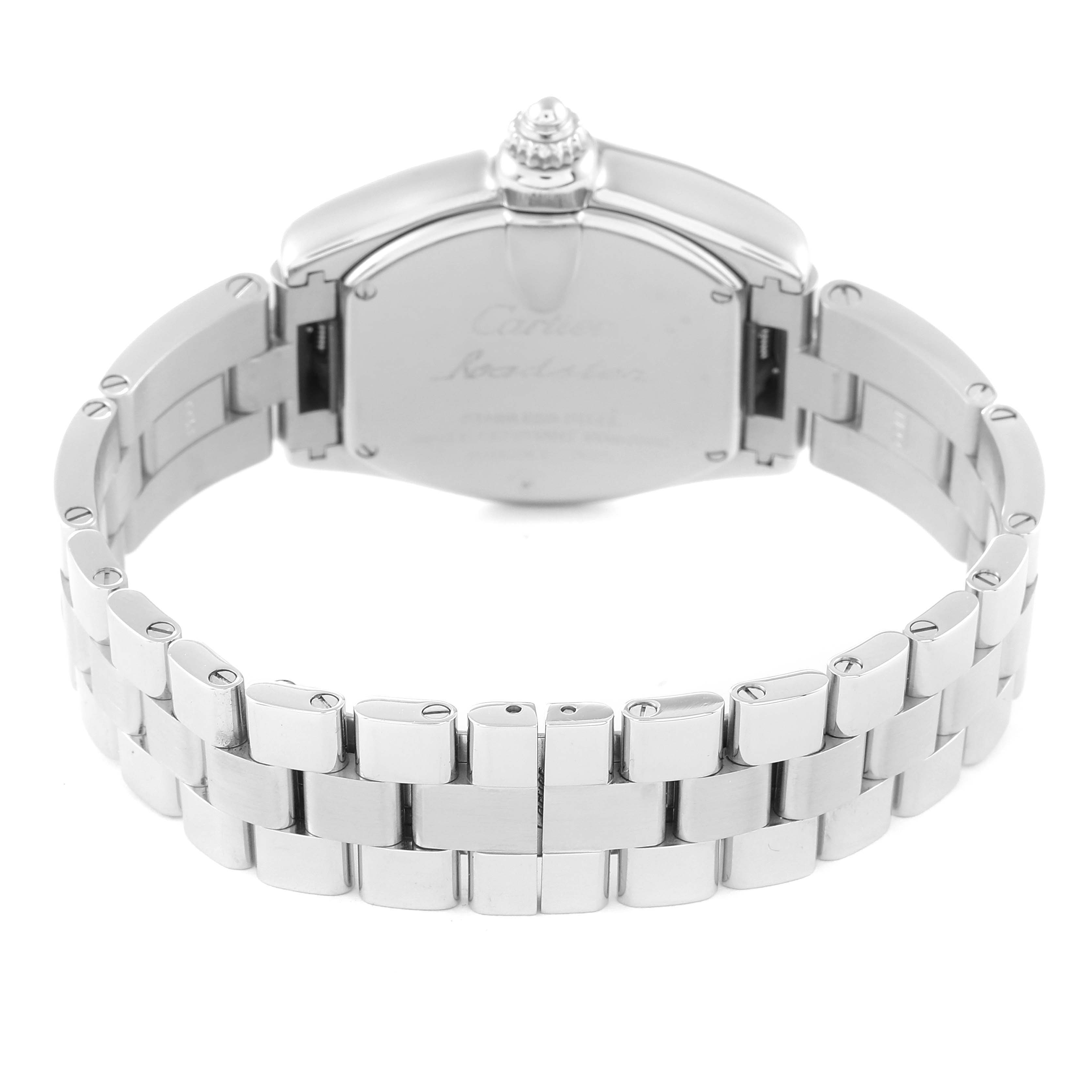 The image shows the back view of a Cartier Roadster W62043V3 Women's Stainless Steel Pink Dial W62043V3 Women's Stainless Steel Pink Dial watch, highlighting the bracelet and clasp mechanism.