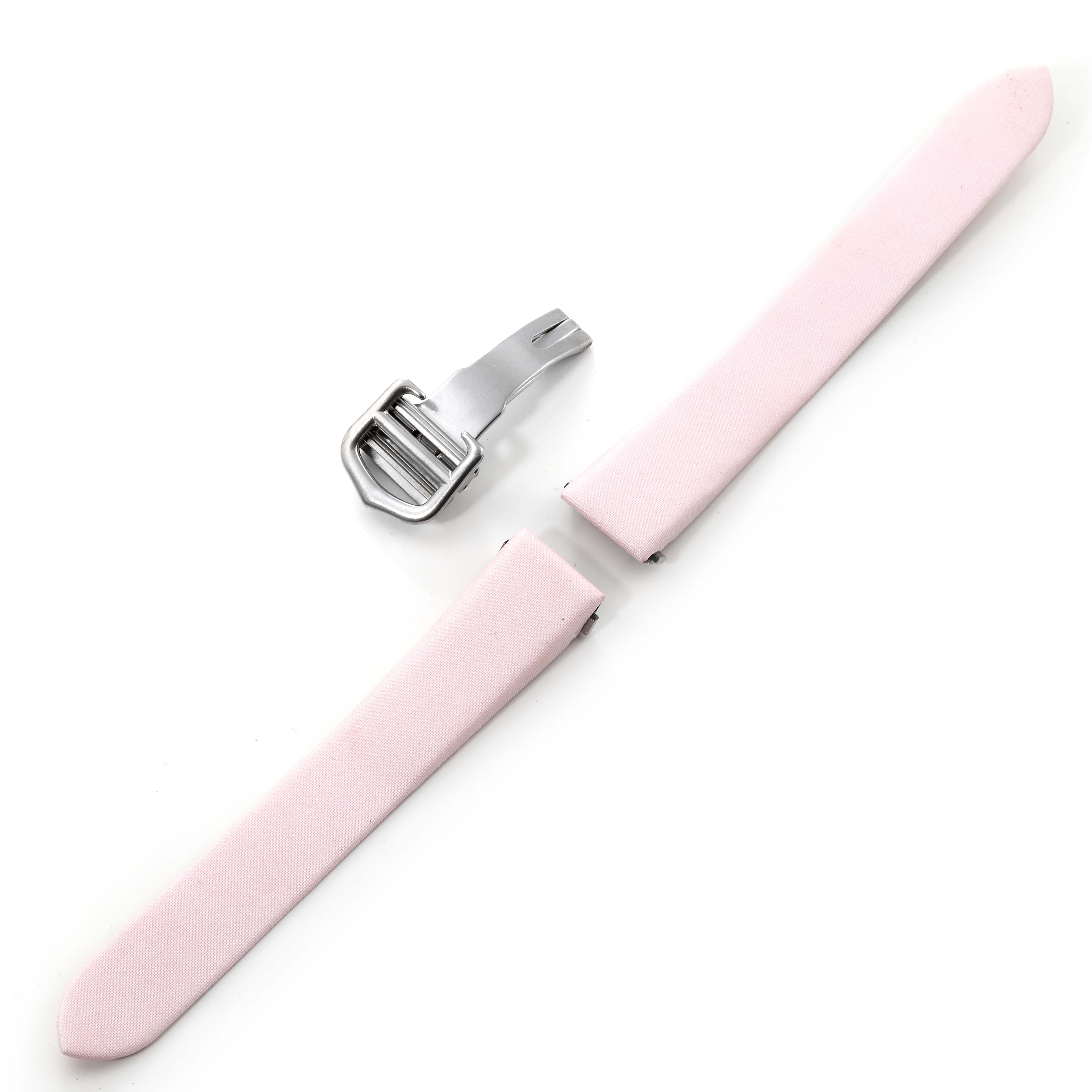 This image shows a pink strap and a metal clasp for a Cartier Roadster W62043V3 Women's Stainless Steel Pink Dial W62043V3 Women's Stainless Steel Pink Dial watch, displayed from a top view.