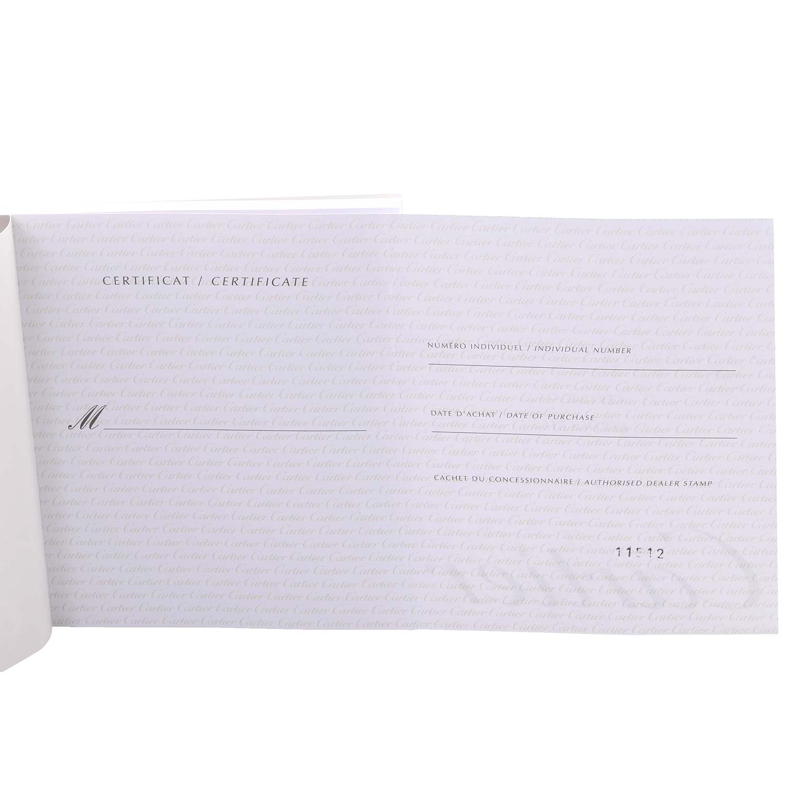 The image shows the authenticity certificate for the Cartier Roadster W62005V2 Men's Yellow Gold Silver Dial W62005V2 Men's Yellow Gold Silver Dial model watch.