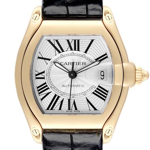 The Cartier Roadster watch is shown from the front, highlighting the dial, date, and crown.