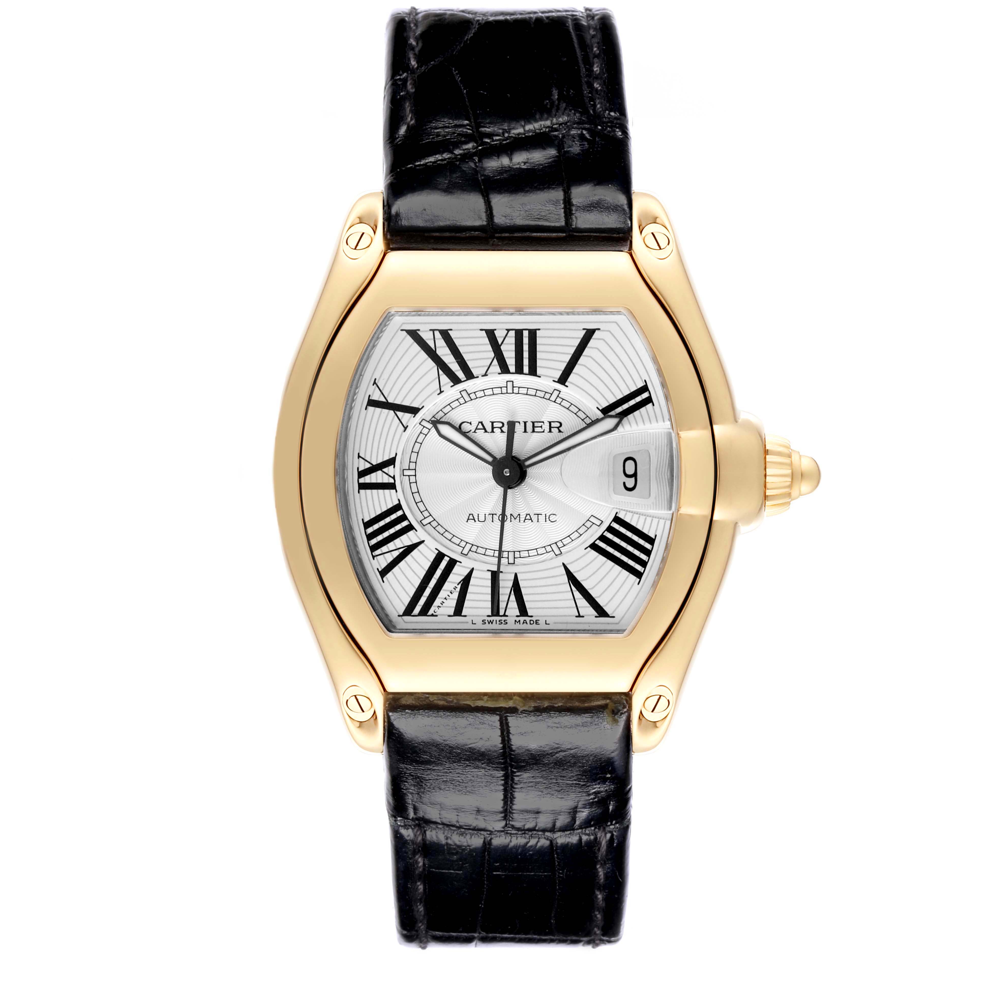 The Cartier Roadster W62005V2 Men's Yellow Gold Silver Dial W62005V2 Men's Yellow Gold Silver Dial watch is shown front-facing, displaying the dial, case, and leather strap.