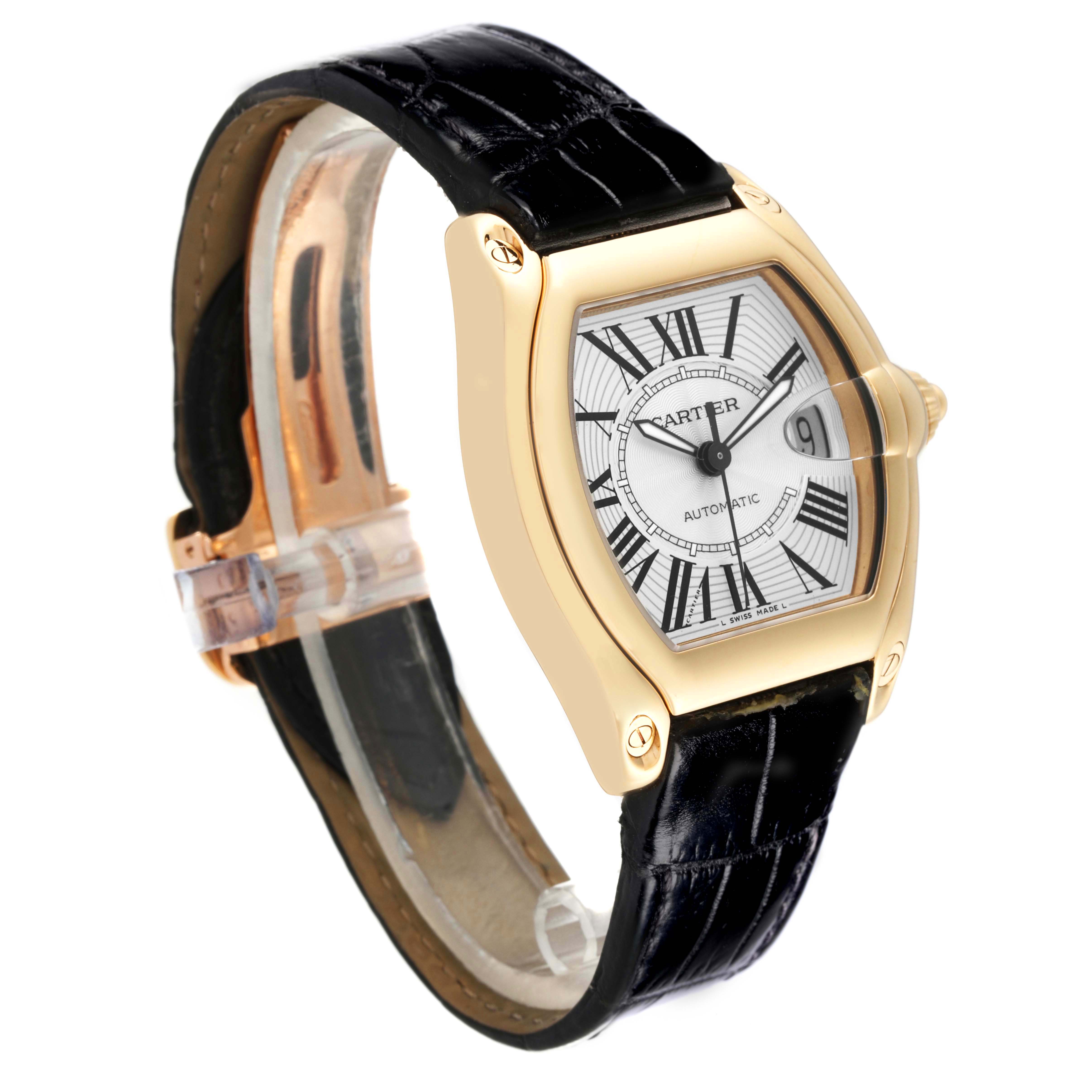 The Cartier Roadster W62005V2 Men's Yellow Gold Silver Dial W62005V2 Men's Yellow Gold Silver Dial watch is shown at a three-quarter view, displaying the case, dial, and strap.