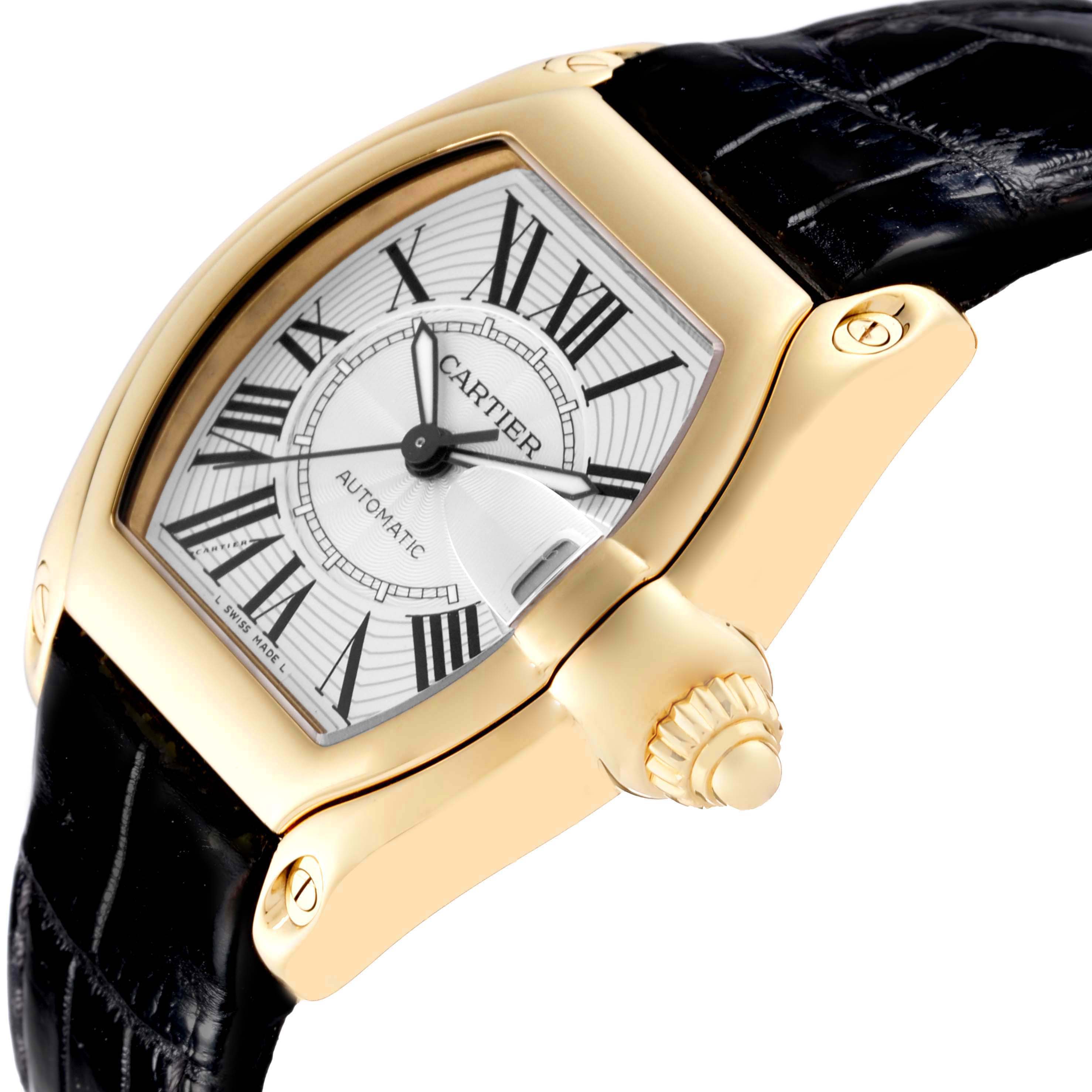 The Cartier Roadster W62005V2 Men's Yellow Gold Silver Dial W62005V2 Men's Yellow Gold Silver Dial watch is shown from a side angle, highlighting the dial, crown, and part of the leather strap.