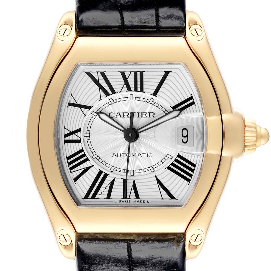 The Cartier Roadster watch is shown from a front-facing angle, highlighting the dial, case, crown, and part of the black strap.