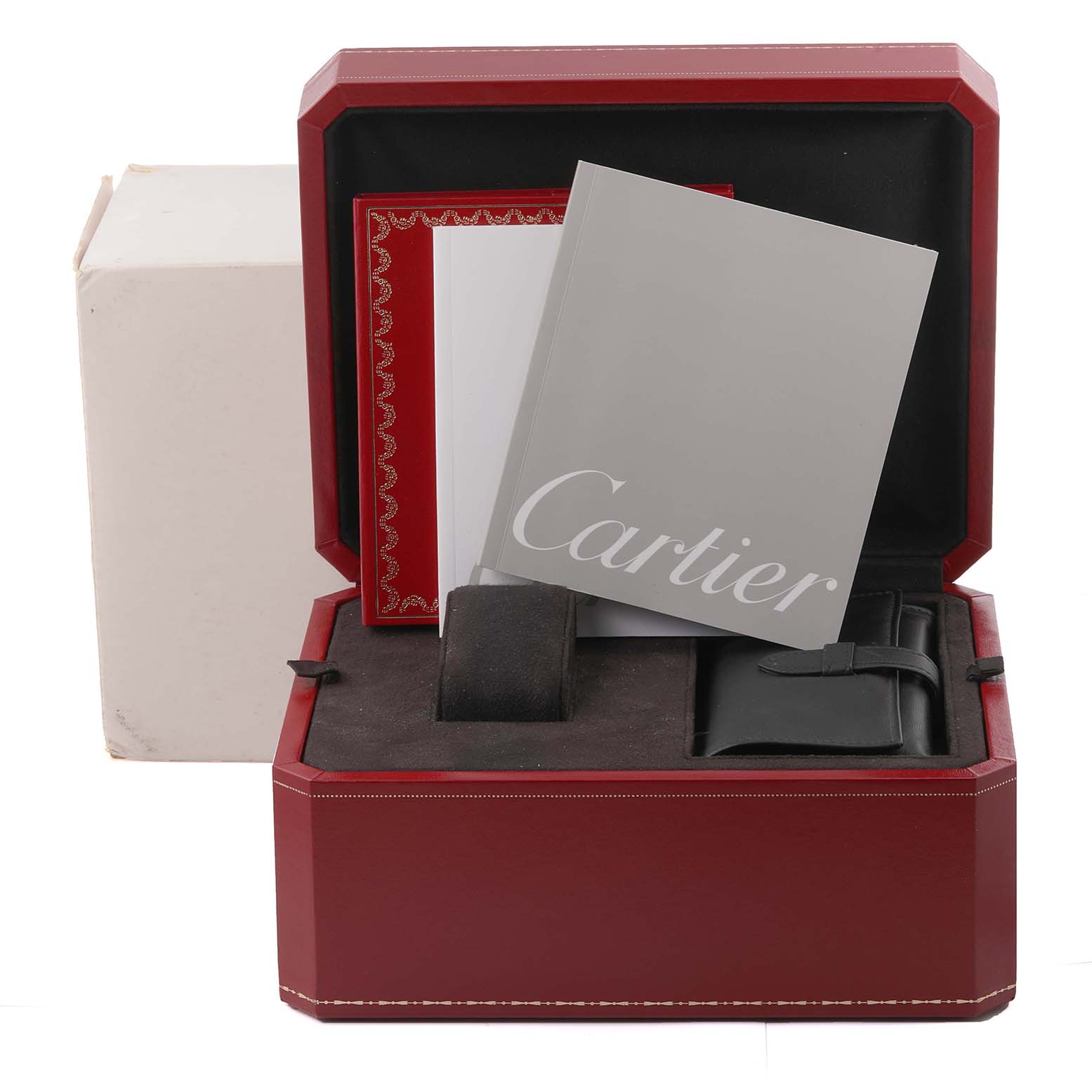 The image shows a Cartier Roadster W62005V2 Men's Yellow Gold Silver Dial W62005V2 Men's Yellow Gold Silver Dial watch box, warranty card, booklets, and a pouch from a front angle.