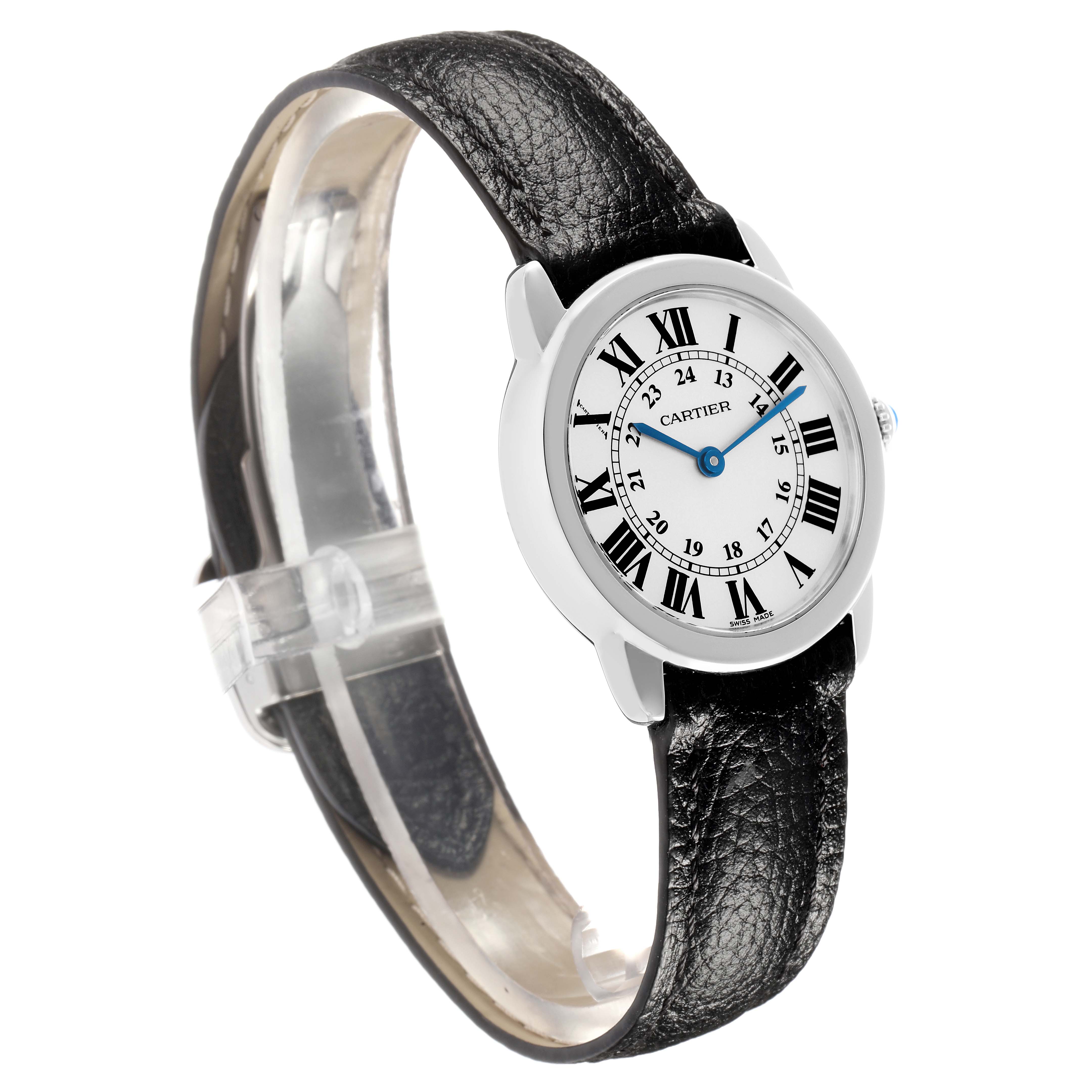 The Cartier Ronde W6700155 Women
s Stainless Steel Silver Dial watch is shown at an angle highlighting the round face, Roman numerals, blue hands, and black leather strap.