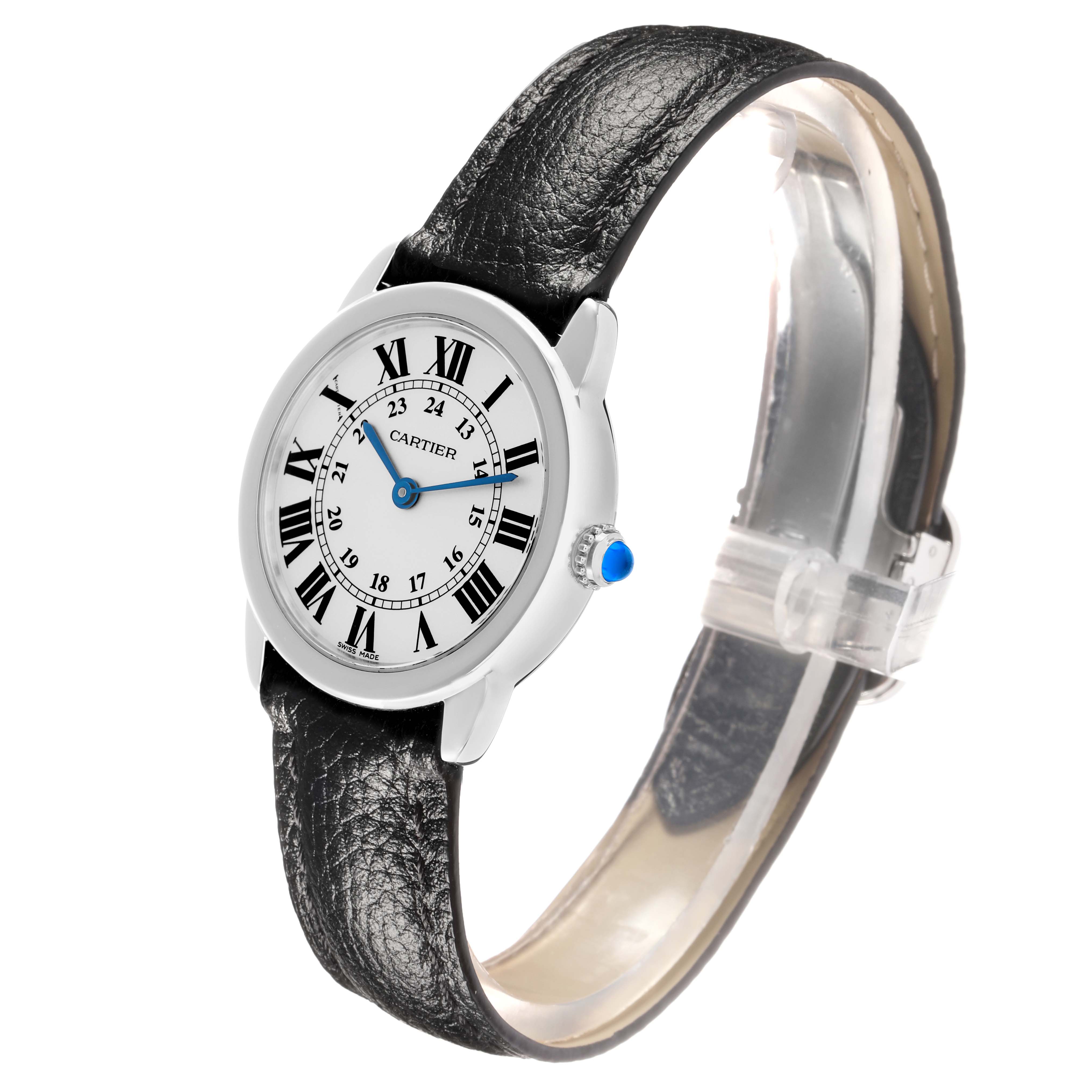 The Cartier Ronde W6700155 Women
s Stainless Steel Silver Dial watch is shown from a side angle, displaying its face, case, crown, and leather strap.
