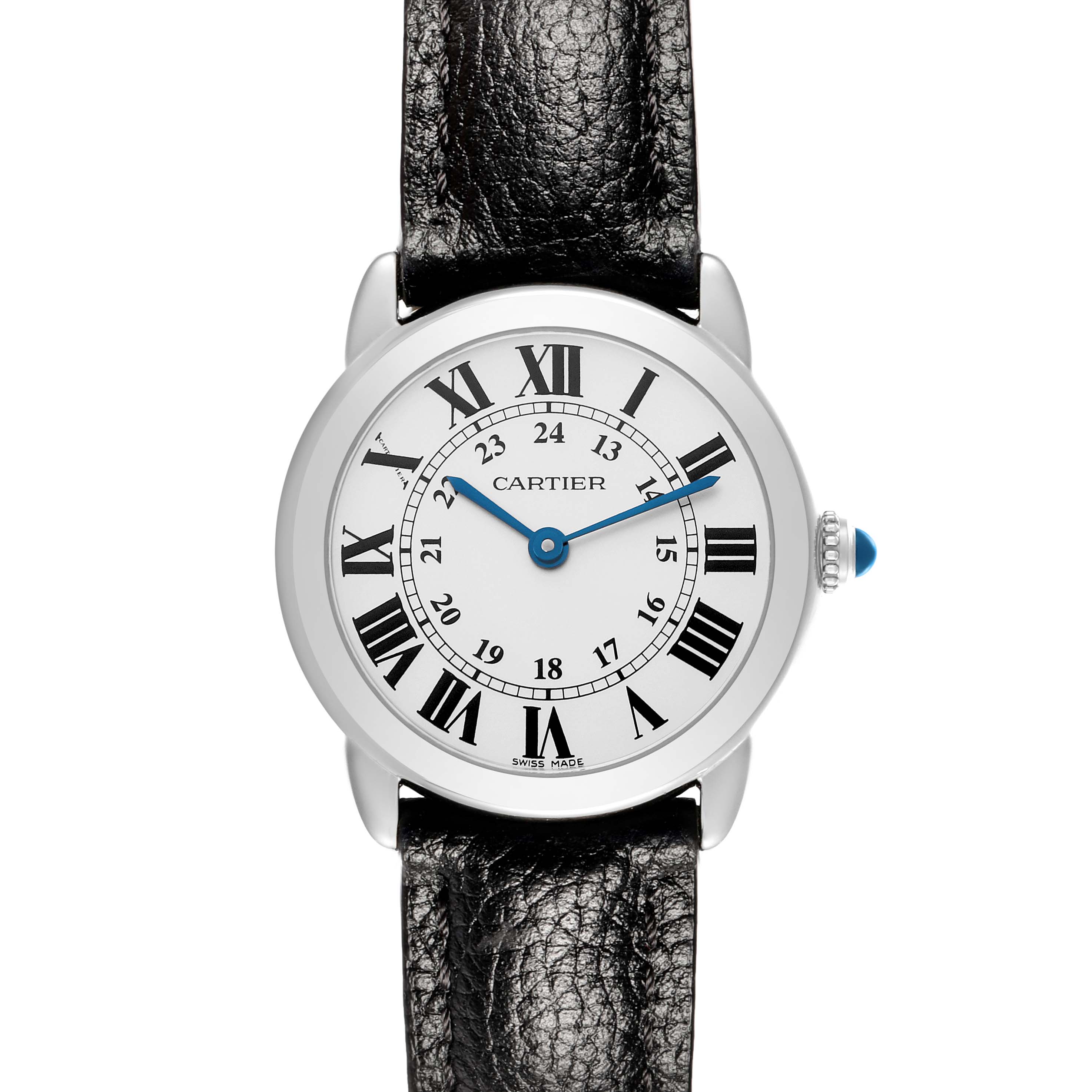The Cartier Ronde W6700155 Women
s Stainless Steel Silver Dial watch is shown from the front, displaying its face with Roman numerals and a black leather strap.