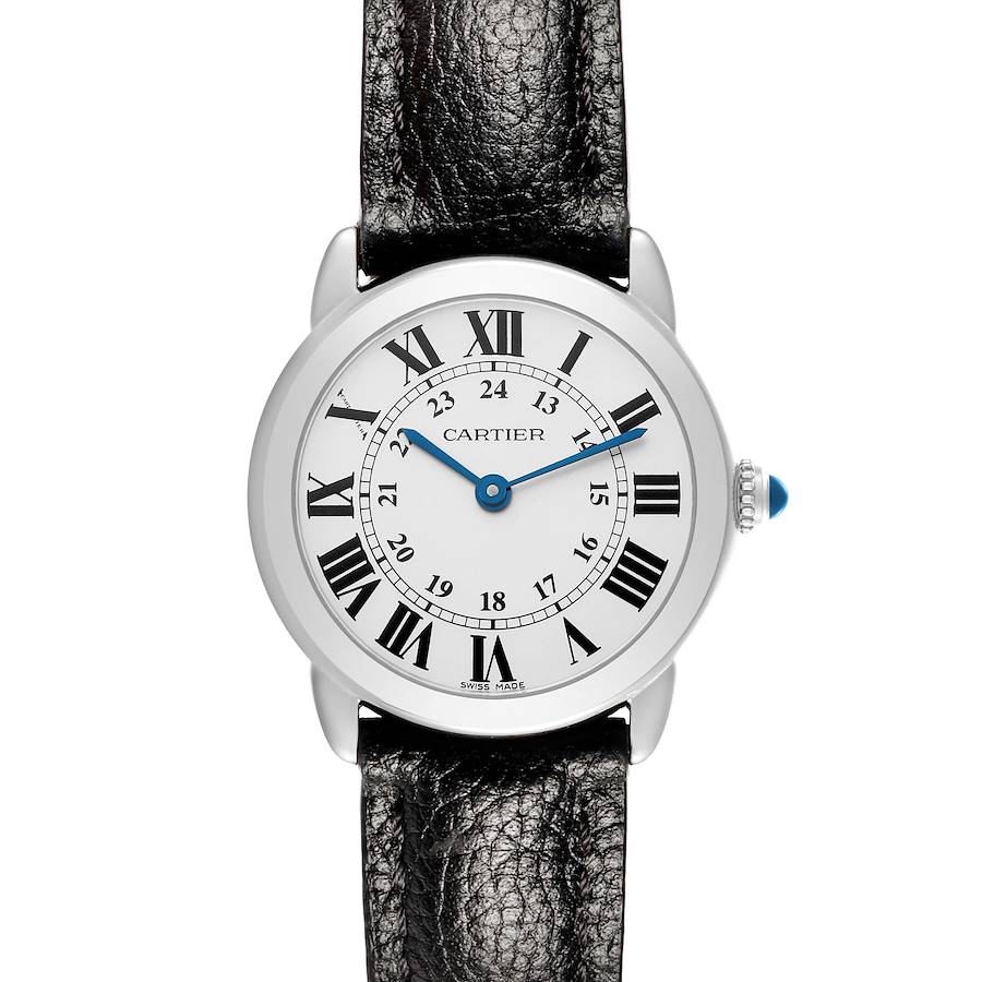 The Cartier Ronde W6700155 Women's Stainless Steel Silver Dial watch is shown from the front, displaying its face with Roman numerals and a black leather strap.