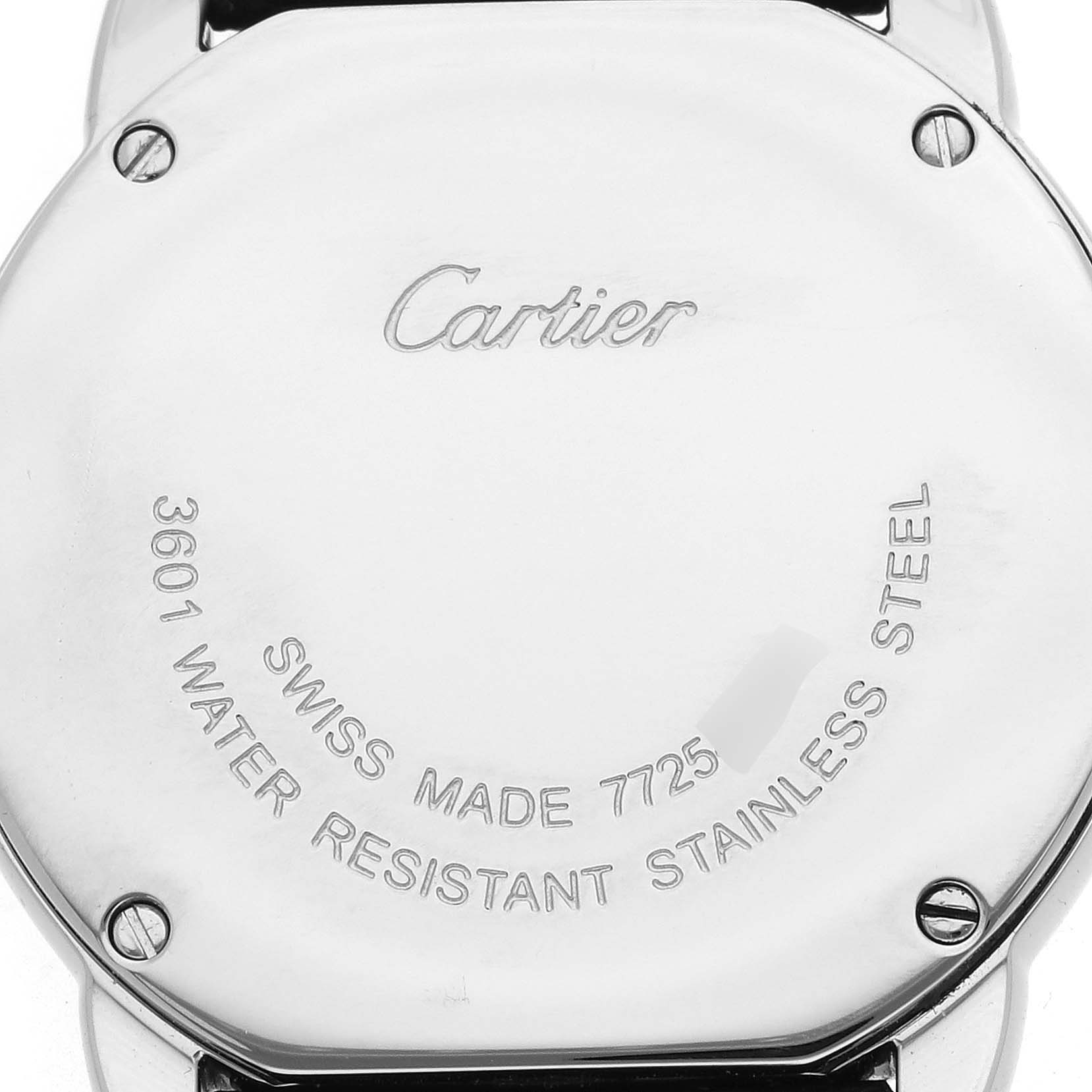 The image shows the back of a Cartier Ronde W6700155 Women
s Stainless Steel Silver Dial watch, highlighting the engraved brand name and model details.