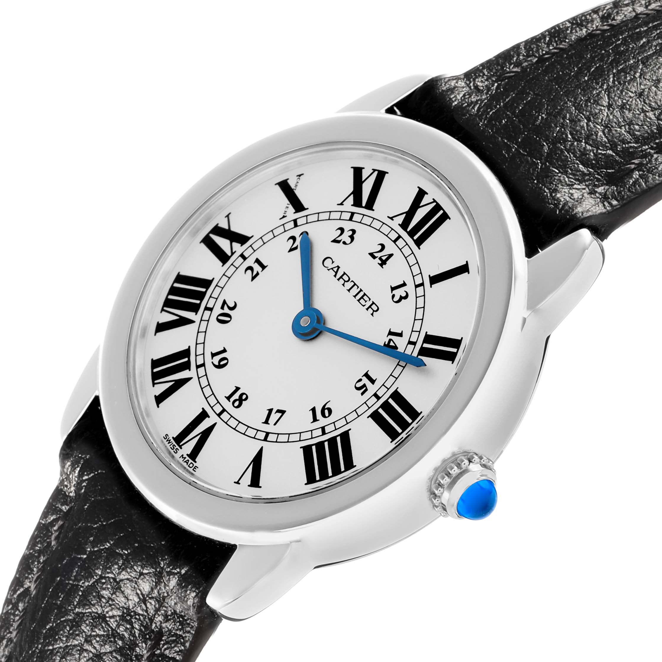 The Cartier Ronde W6700155 Women
s Stainless Steel Silver Dial watch is shown at a slight angle, displaying the face, bezel, and part of the leather strap and crown.