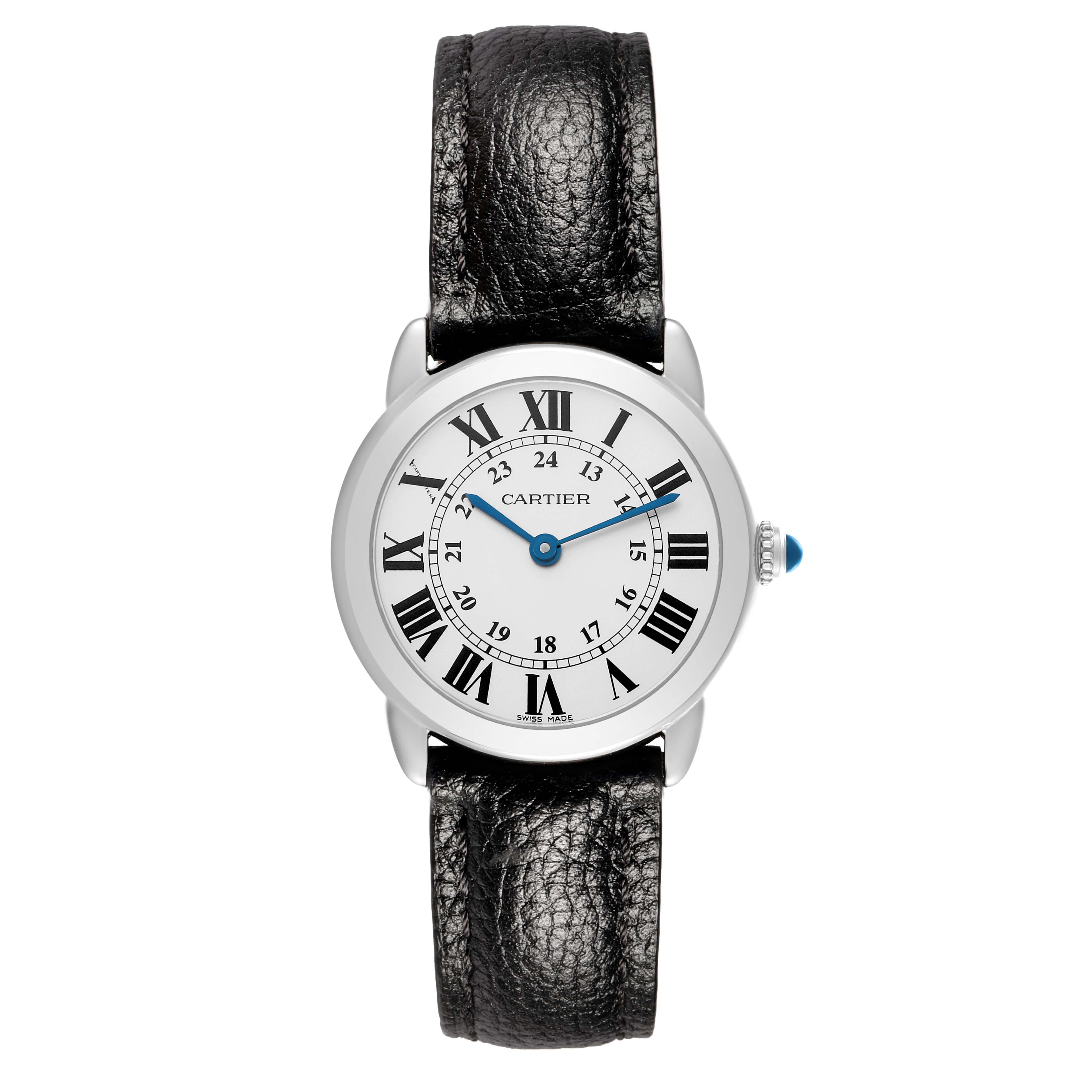 The Cartier Ronde W6700155 Women
s Stainless Steel Silver Dial watch is shown from a top-down angle, displaying its Roman numeral dial, blue hands, and black leather strap.