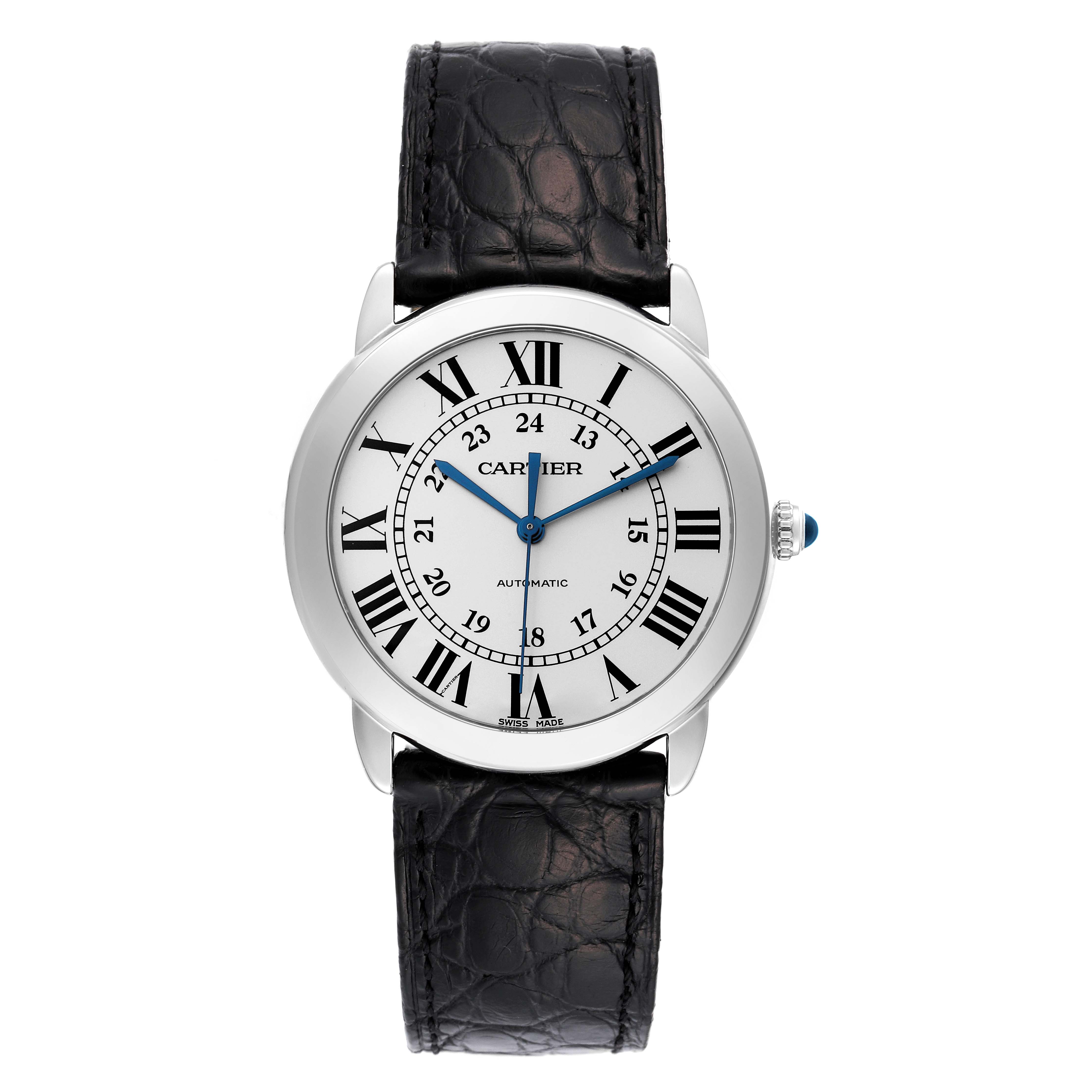 The image shows a front view of a Cartier Ronde WSRN0021 Men
s Stainless Steel Silver Dial WSRN0021 Men
s Stainless Steel Silver Dial watch, featuring its dial, case, and black leather strap.