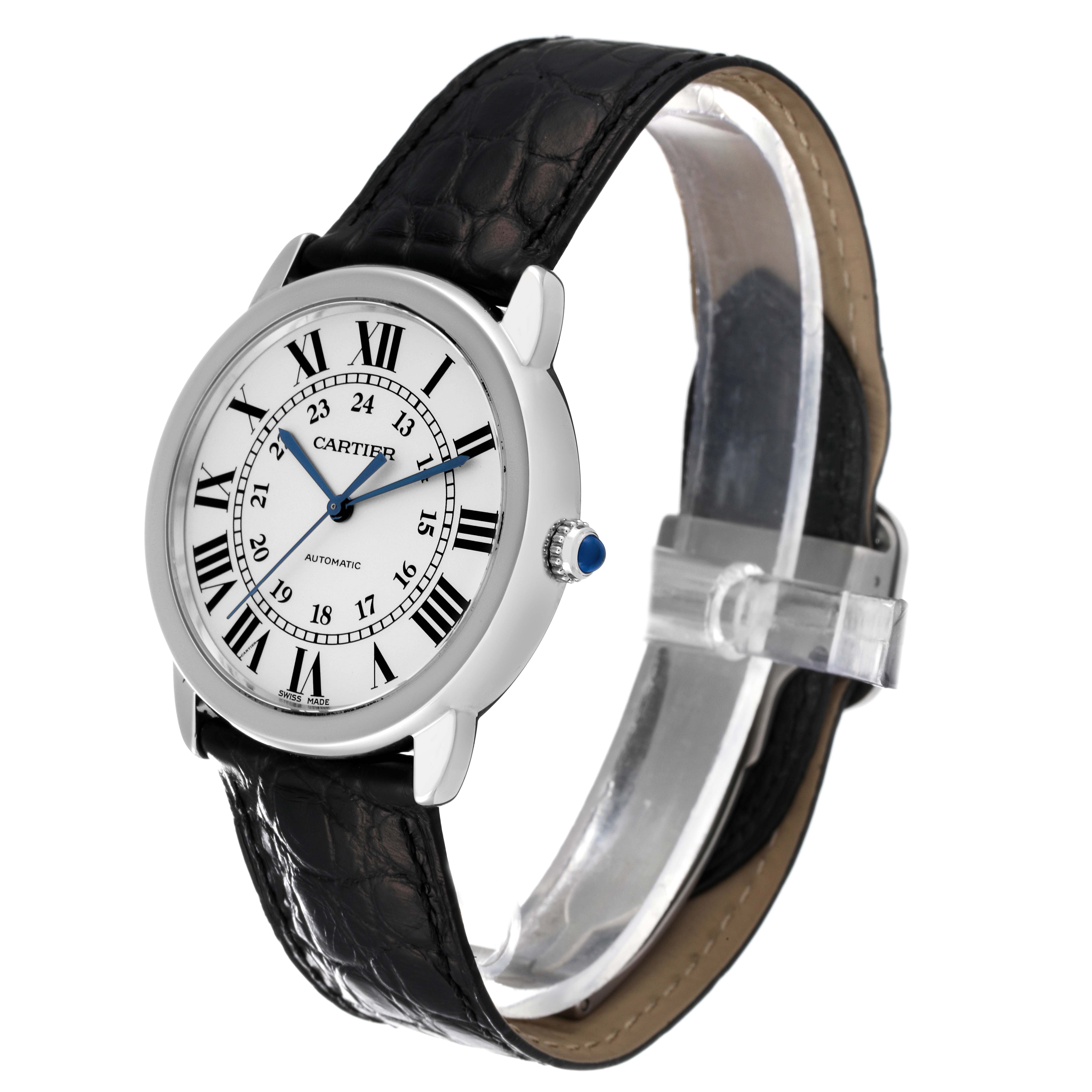 The Cartier Ronde WSRN0021 Men
s Stainless Steel Silver Dial WSRN0021 Men
s Stainless Steel Silver Dial watch is shown at an angled side view, displaying its black leather strap, silver case, and white dial with Roman numerals.