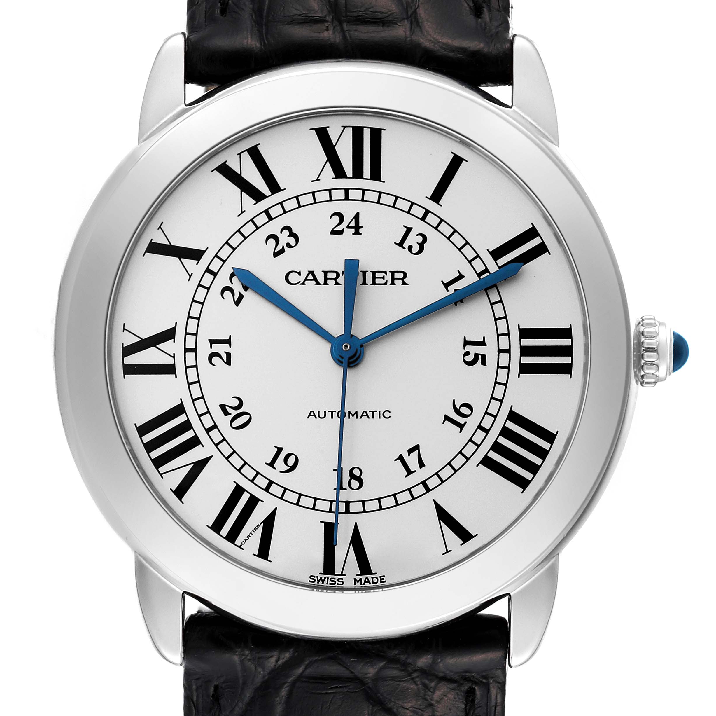 The image shows a frontal view of the Cartier Ronde WSRN0021 Men
s Stainless Steel Silver Dial WSRN0021 Men
s Stainless Steel Silver Dial watch, highlighting its dial, hands, Roman numerals, and crown.