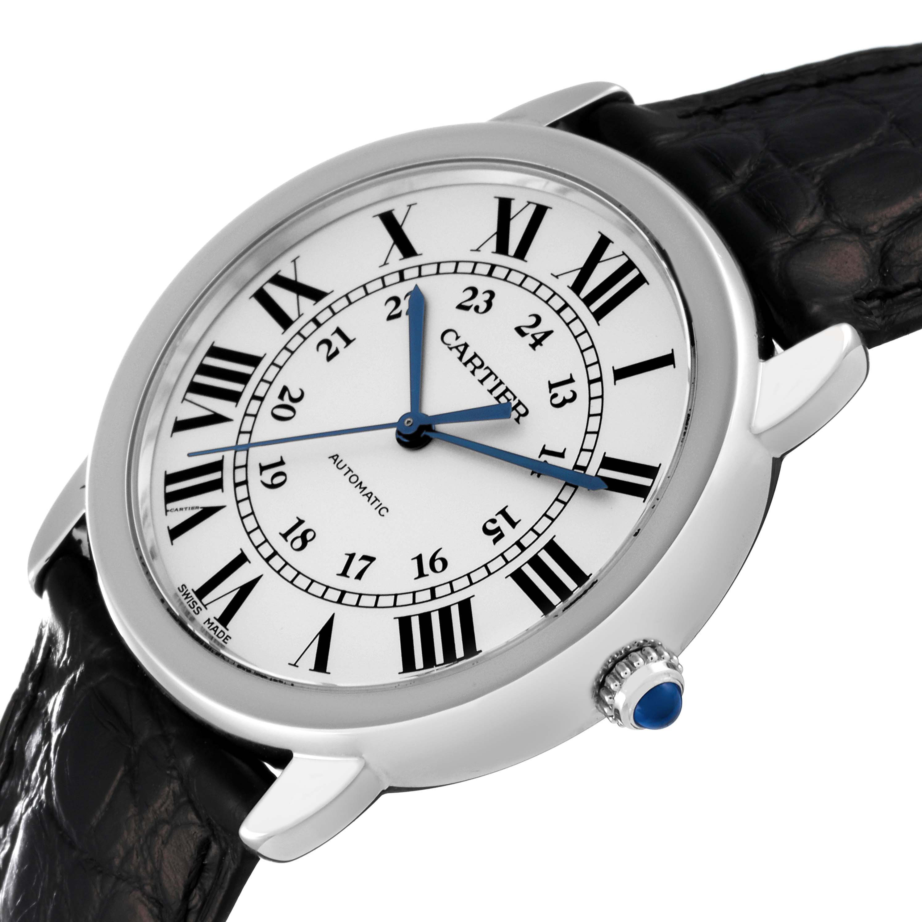 The Cartier Ronde WSRN0021 Men
s Stainless Steel Silver Dial WSRN0021 Men
s Stainless Steel Silver Dial watch is shown at a slight angle, displaying the face, bezel, crown, and part of the black strap.