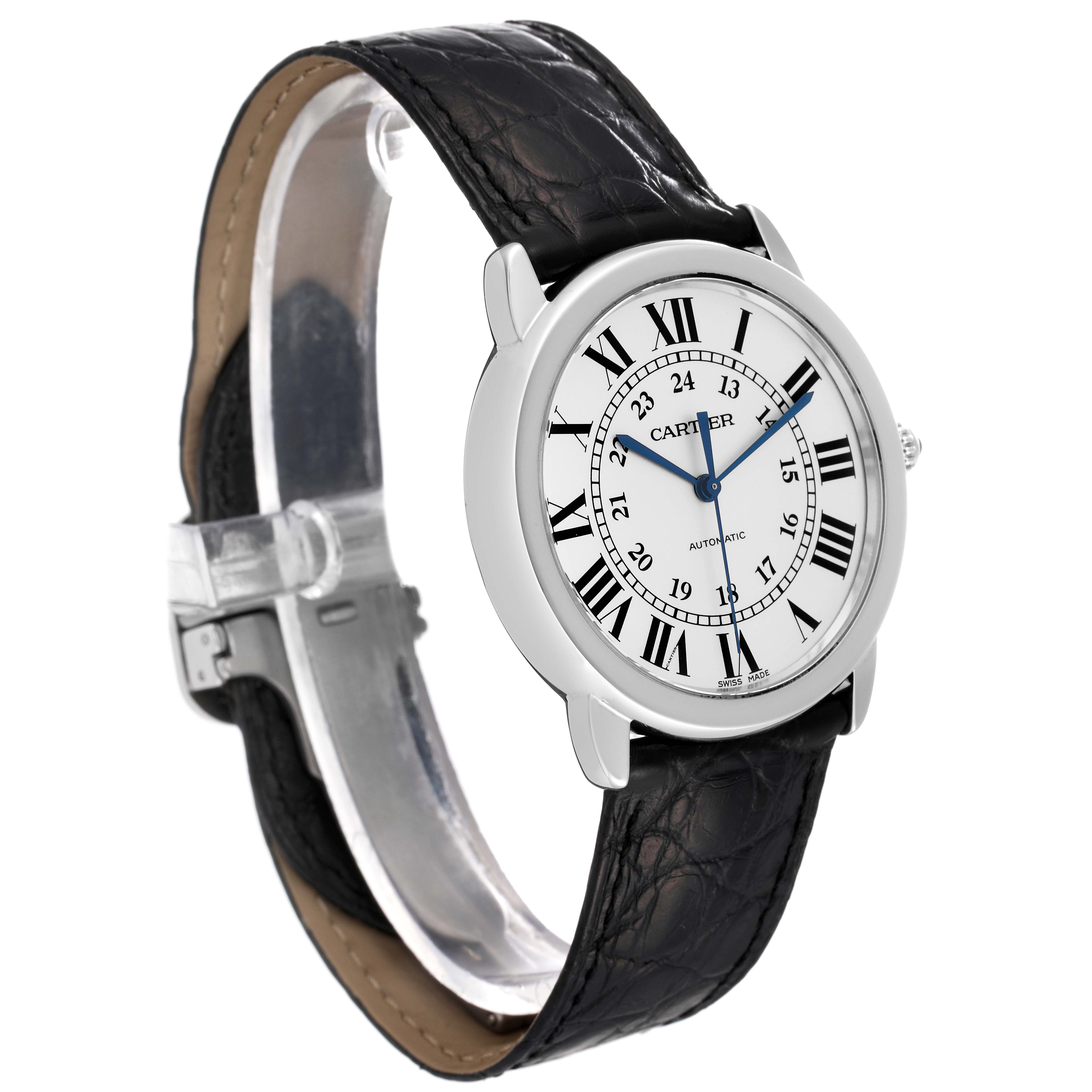 The Cartier Ronde WSRN0021 Men
s Stainless Steel Silver Dial WSRN0021 Men
s Stainless Steel Silver Dial watch is shown from a front-angle view, highlighting its face, case, and black leather strap.