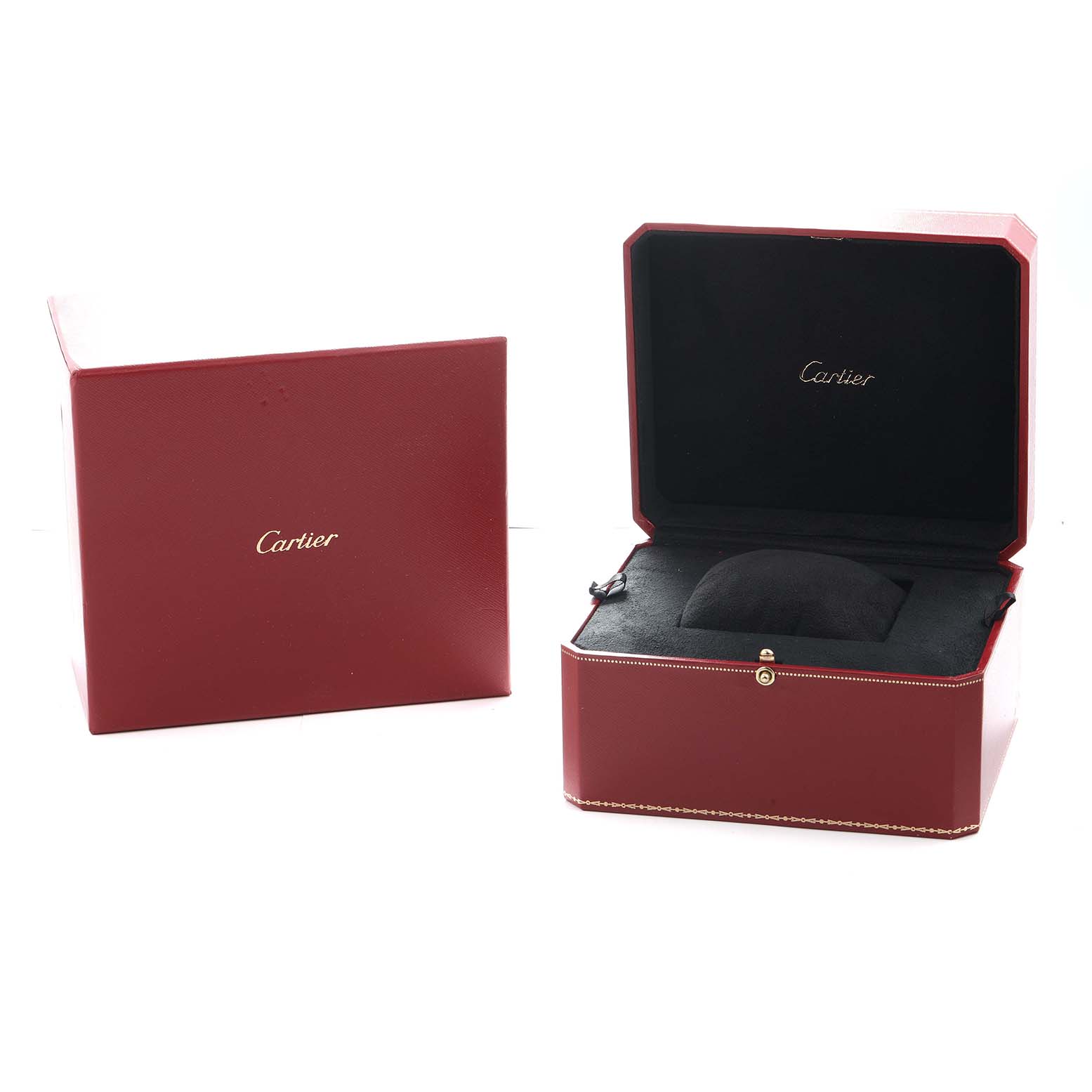 The image shows the open watch box and outer packaging for the Santos Dumont model by Cartier.