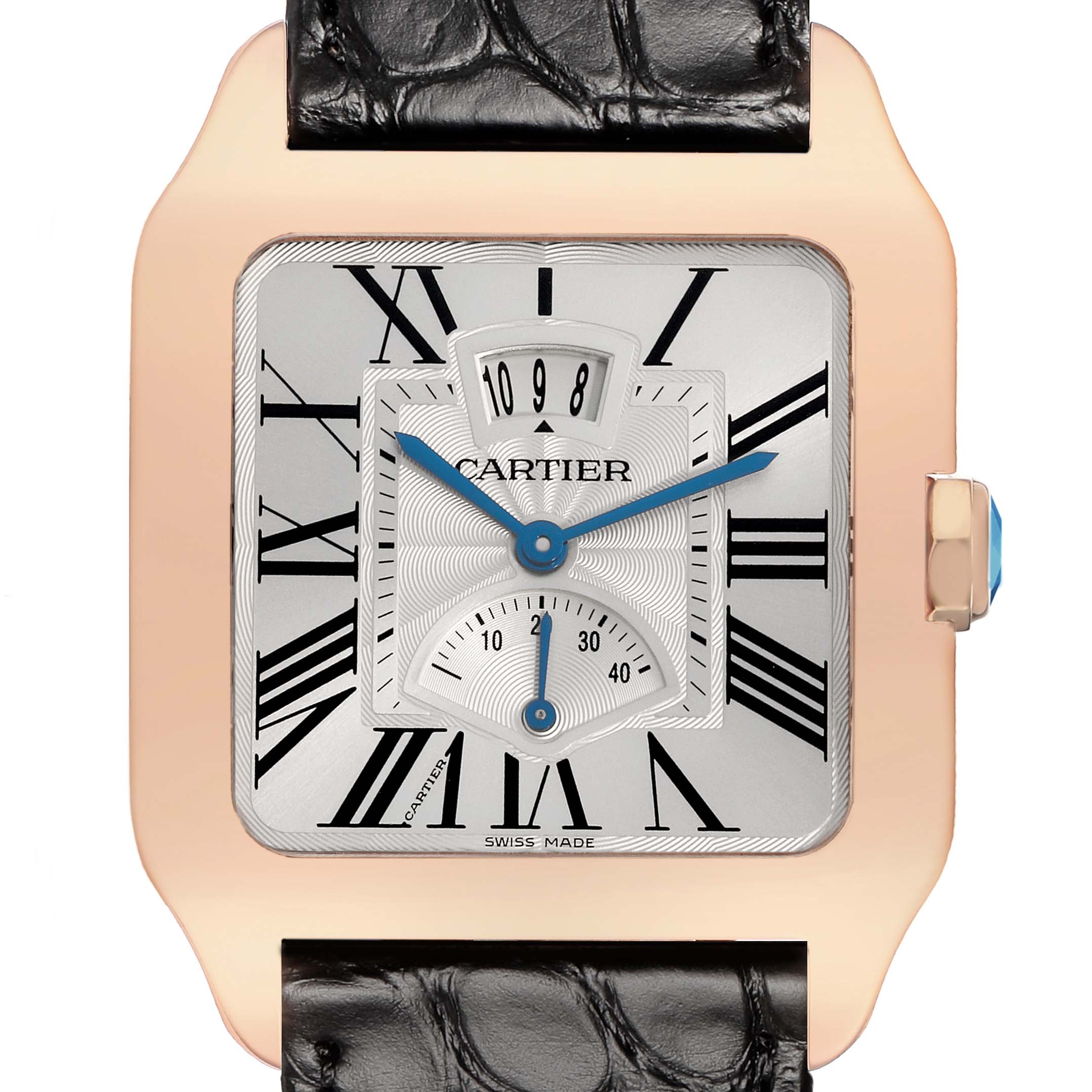 The image shows a close-up of the Cartier Santos Dumont W2020067 Men
s Rose Gold Silver Dial watch face, highlighting the dial, hands, and crown.