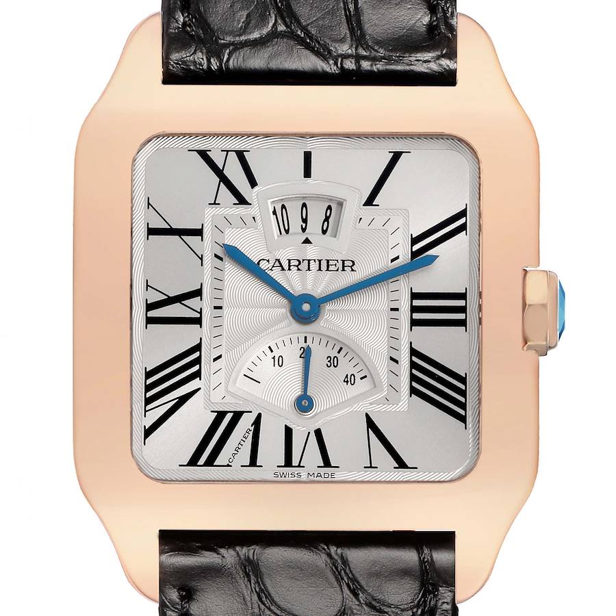 The image shows a close-up of the Cartier Santos Dumont W2020067 Men's Rose Gold Silver Dial watch face, highlighting the dial, hands, and crown.