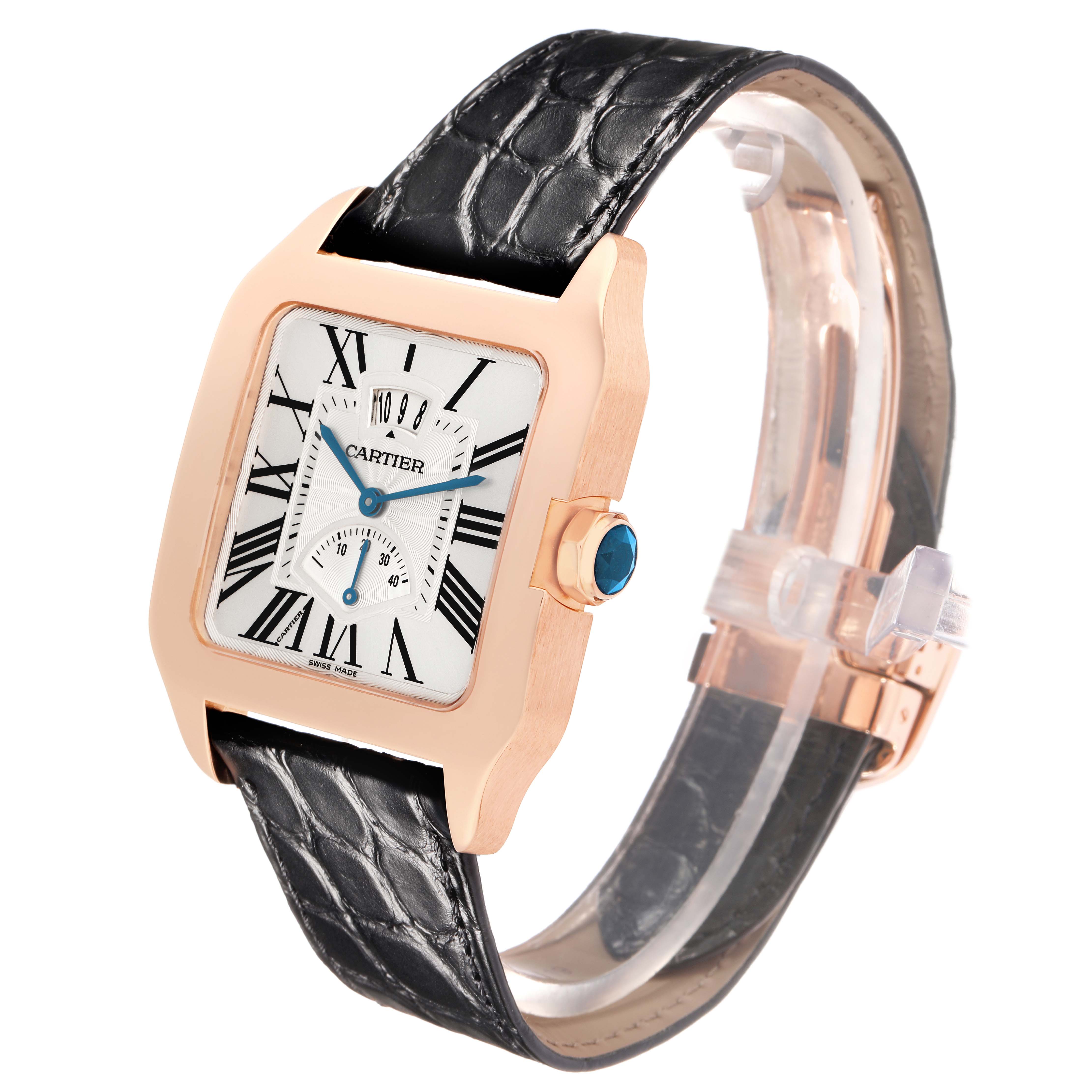 The Cartier Santos Dumont W2020067 Men
s Rose Gold Silver Dial watch is shown at a three-quarter angle, highlighting the face, crown, and strap.