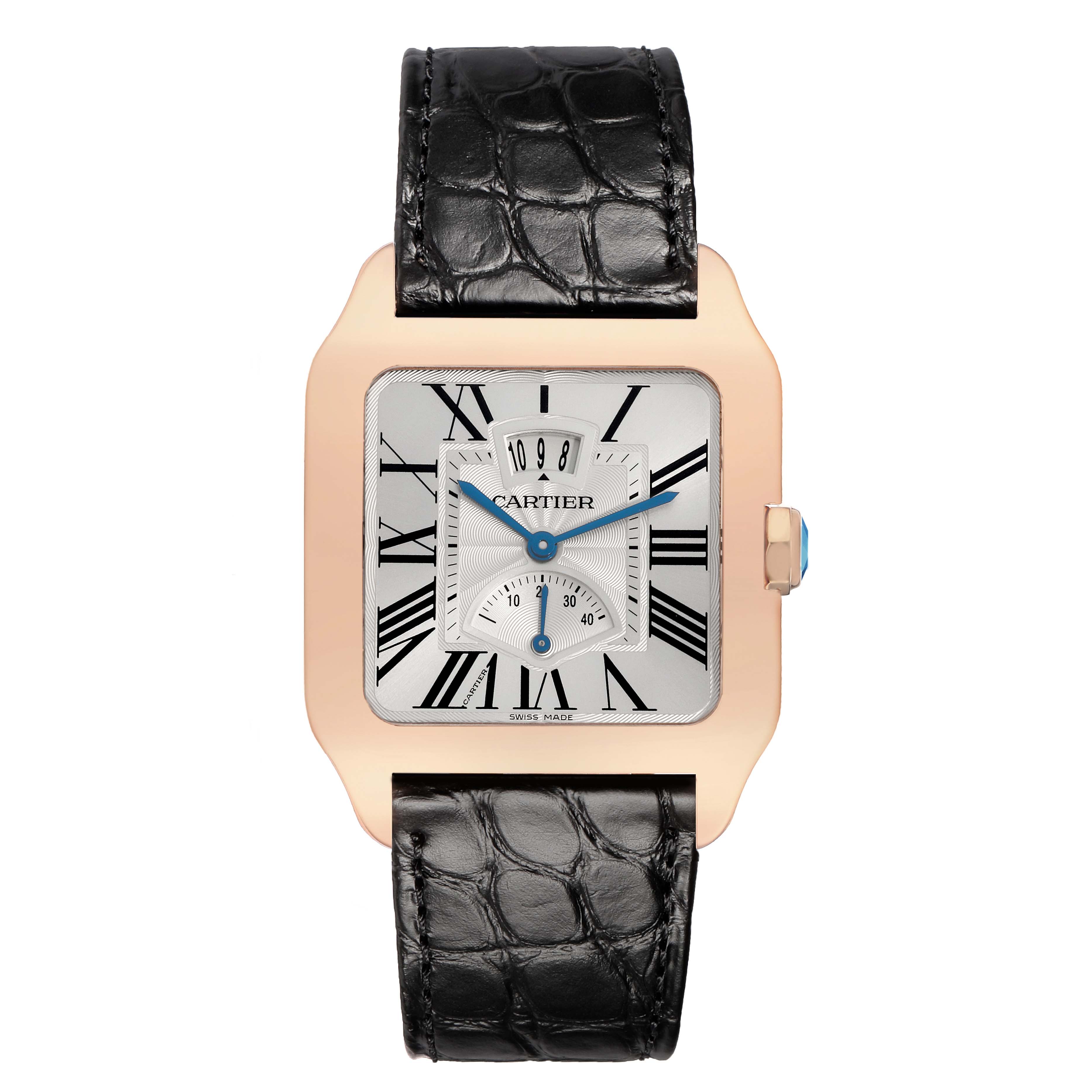 The Cartier Santos Dumont W2020067 Men
s Rose Gold Silver Dial watch is shown from a front angle, highlighting its square face, Roman numerals, and leather strap.