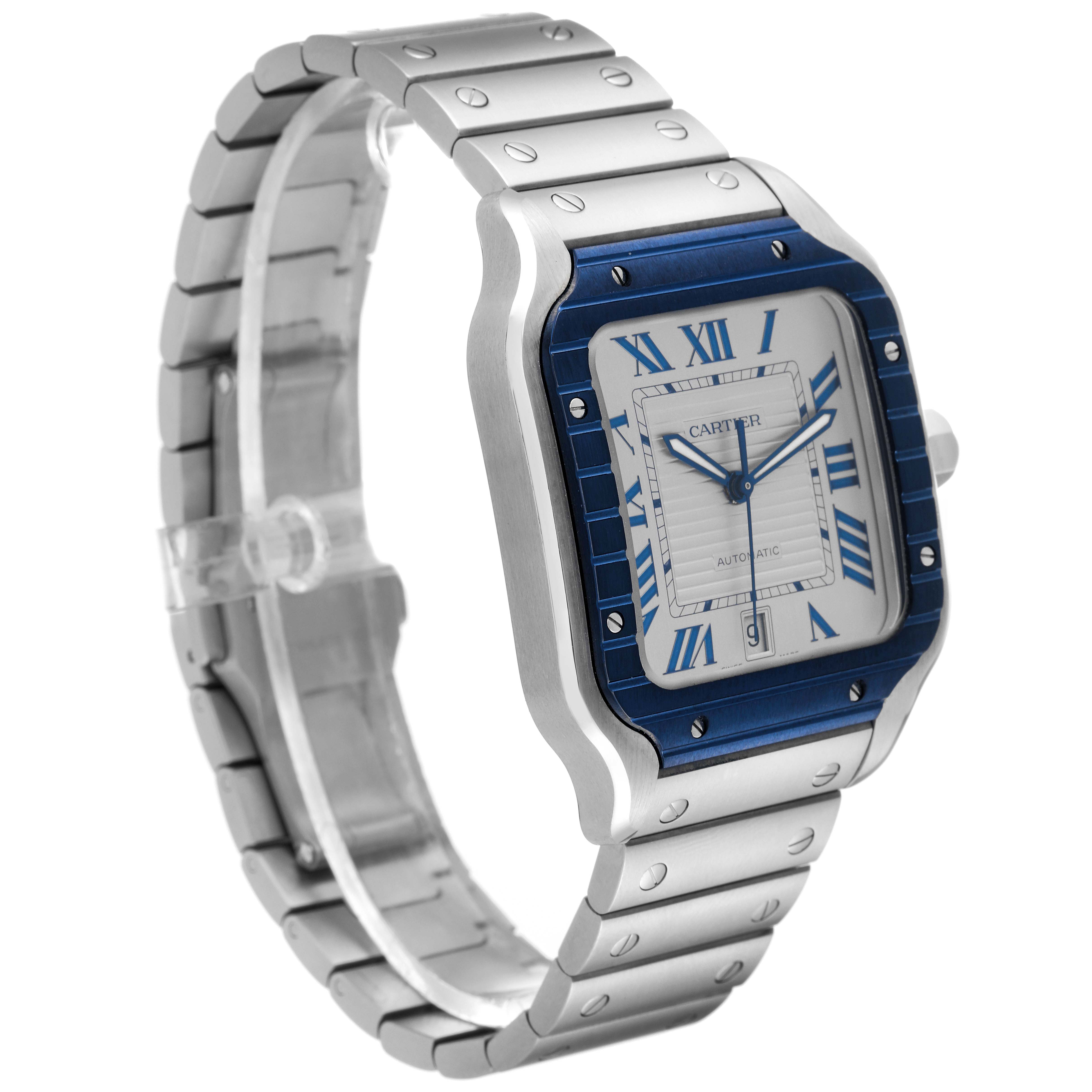 The Cartier Santos WSSA0048 Men
s Stainless Steel Silver Dial WSSA0048 Men
s Stainless Steel Silver Dial watch is shown from an angled side/front view highlighting the face, bezel, and part of the bracelet.