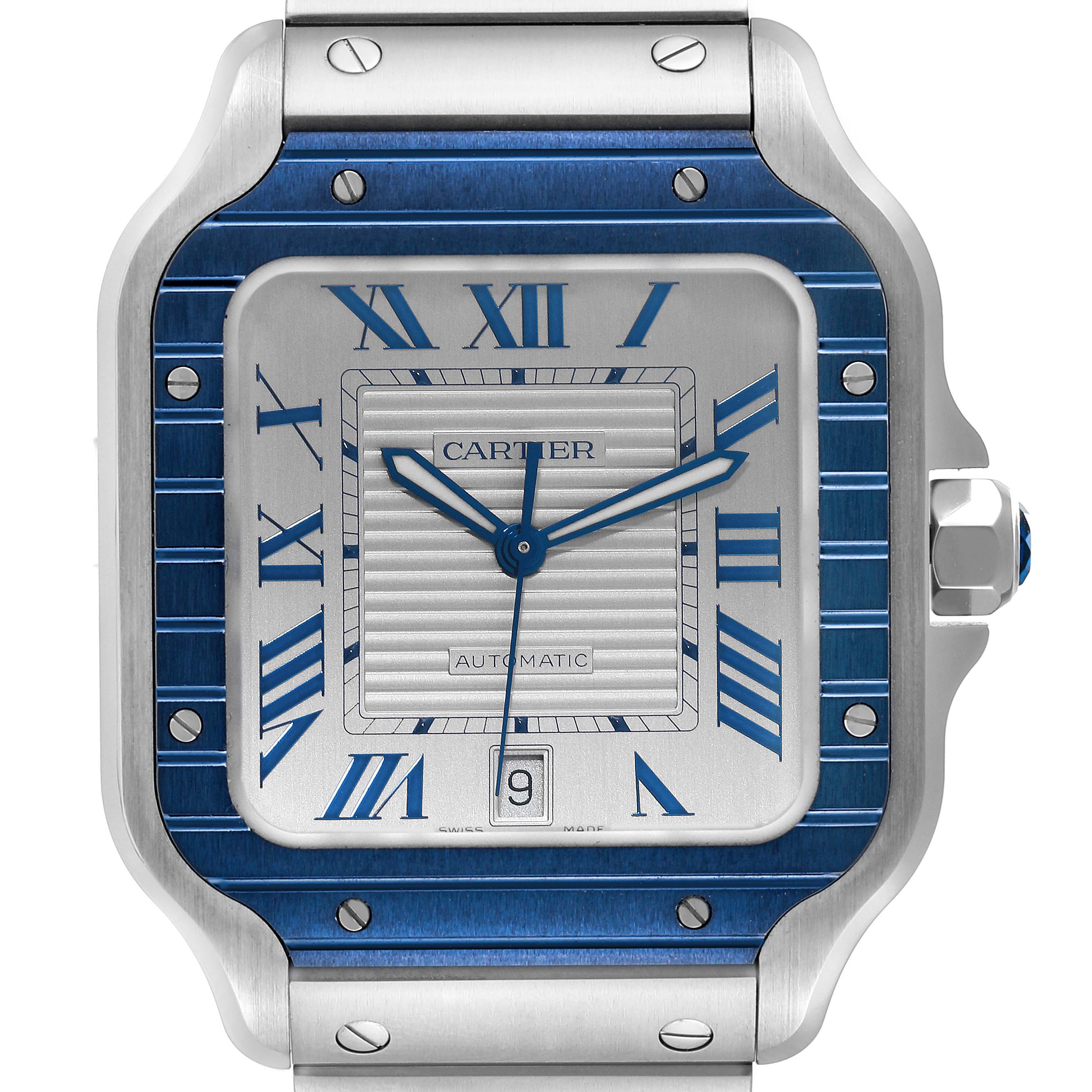 This image shows a front view of a Cartier Santos WSSA0048 Men
s Stainless Steel Silver Dial WSSA0048 Men
s Stainless Steel Silver Dial watch, highlighting the face, bezel, and part of the bracelet.