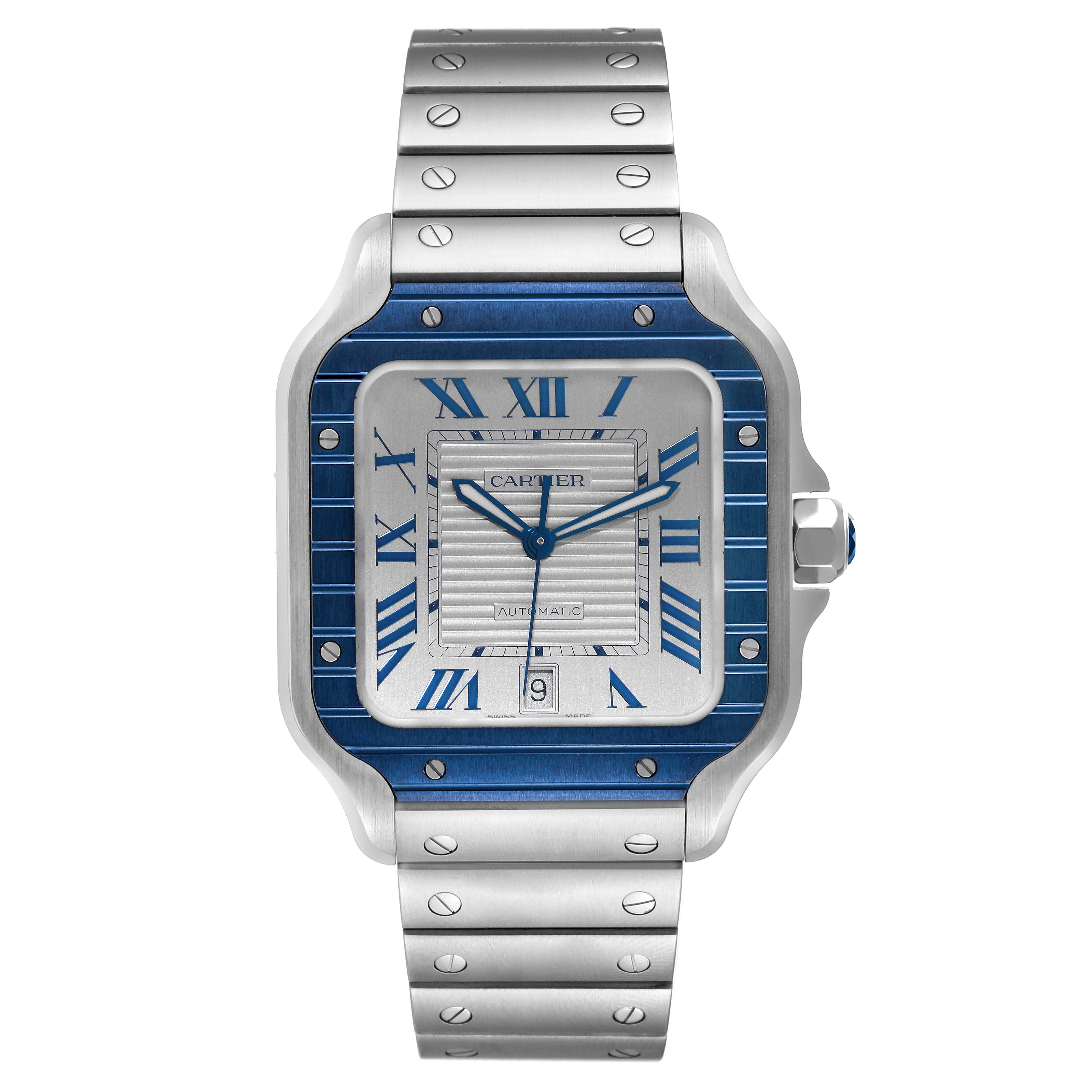 The image shows a front view of the Cartier Santos WSSA0048 Men
s Stainless Steel Silver Dial WSSA0048 Men
s Stainless Steel Silver Dial watch, highlighting its square dial, bezel, and metal bracelet.
