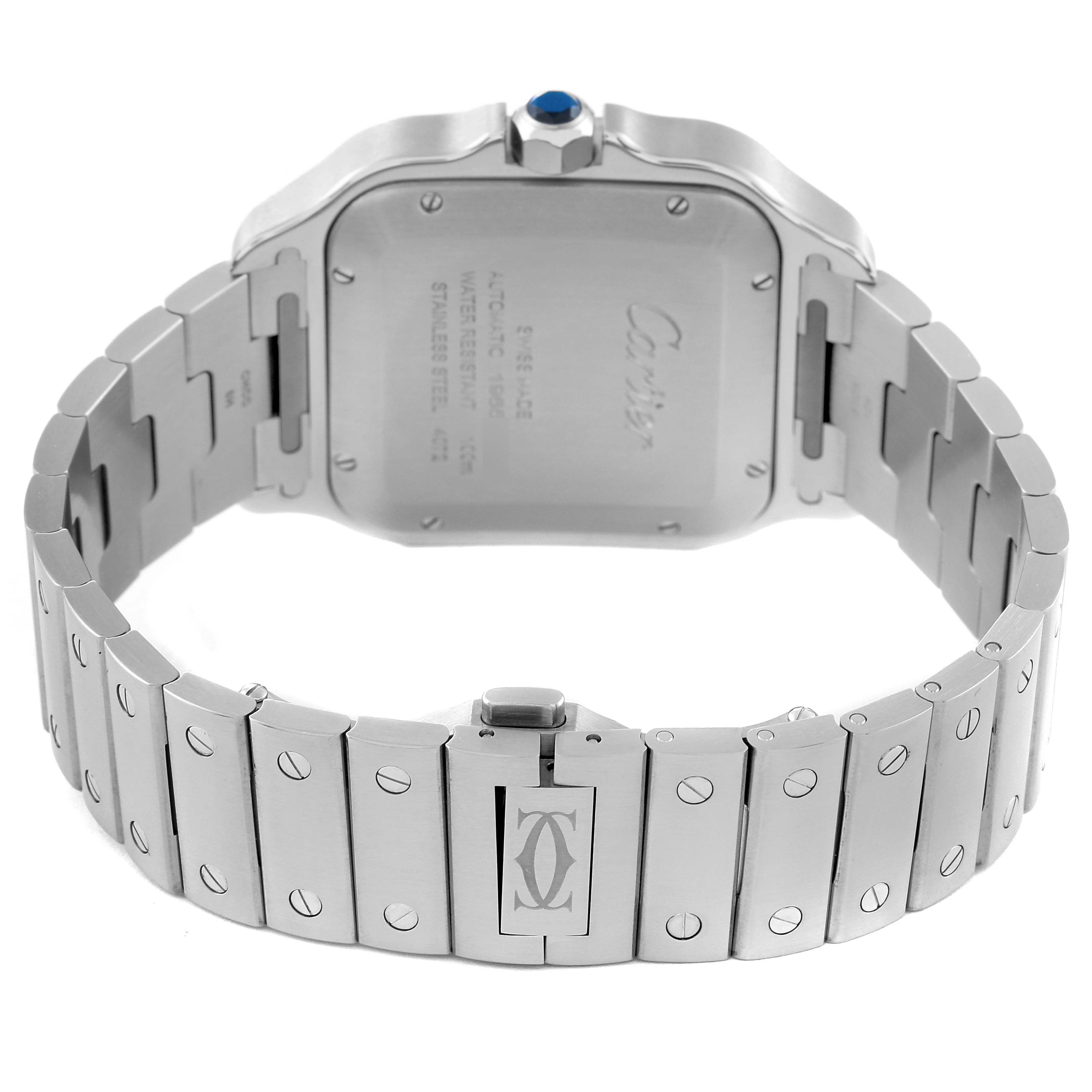 The image shows the back view of the bracelet and case of a Cartier Santos WSSA0048 Men
s Stainless Steel Silver Dial WSSA0048 Men
s Stainless Steel Silver Dial watch, highlighting the clasp and caseback.