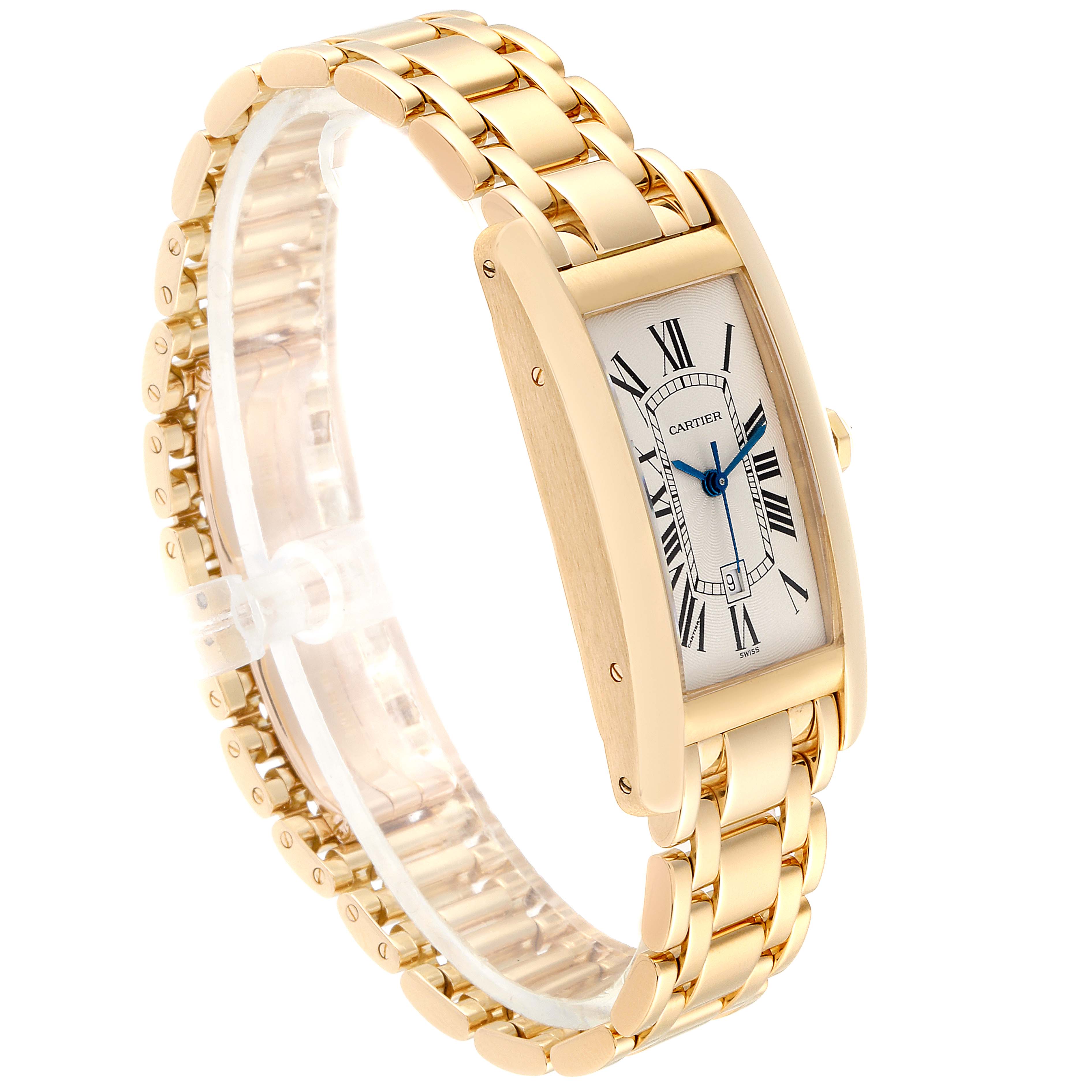This Cartier Tank Americaine W26035K2 Women's Yellow Gold Silver Dial W26035K2 Women's Yellow Gold Silver Dial watch is shown from an oblique angle highlighting its gold bracelet and rectangular face.