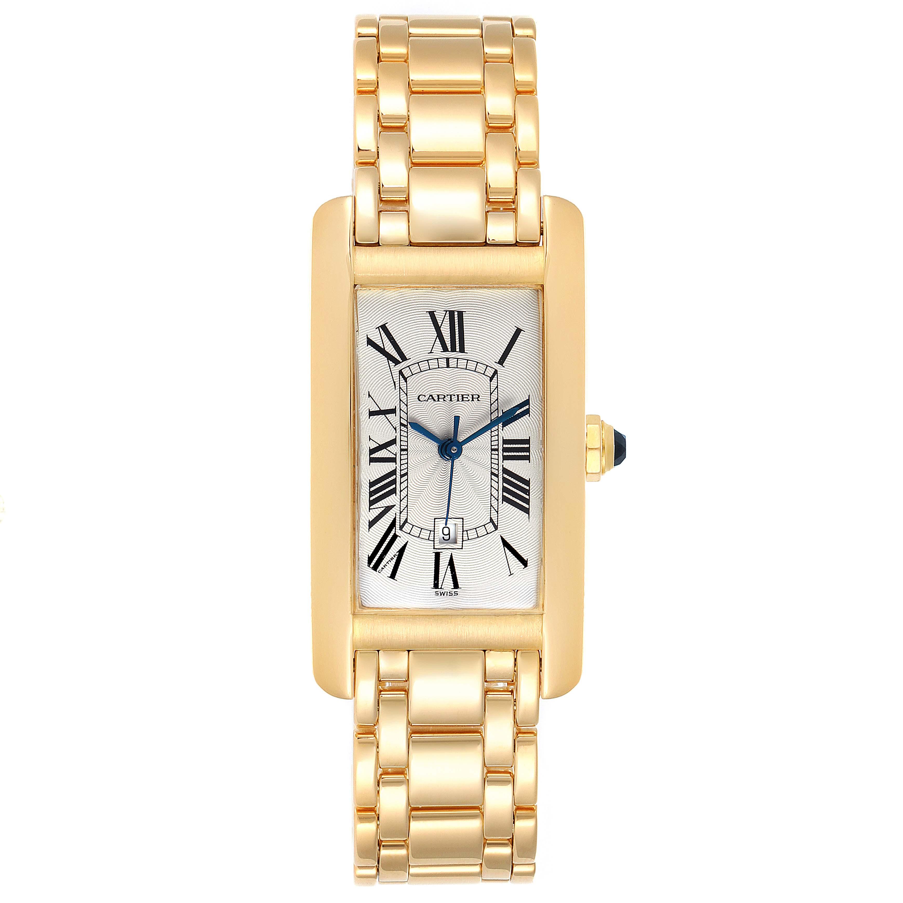 The image shows the front view of a Cartier Tank Americaine W26035K2 Women's Yellow Gold Silver Dial W26035K2 Women's Yellow Gold Silver Dial watch, displaying its rectangular face, Roman numerals, and gold bracelet.