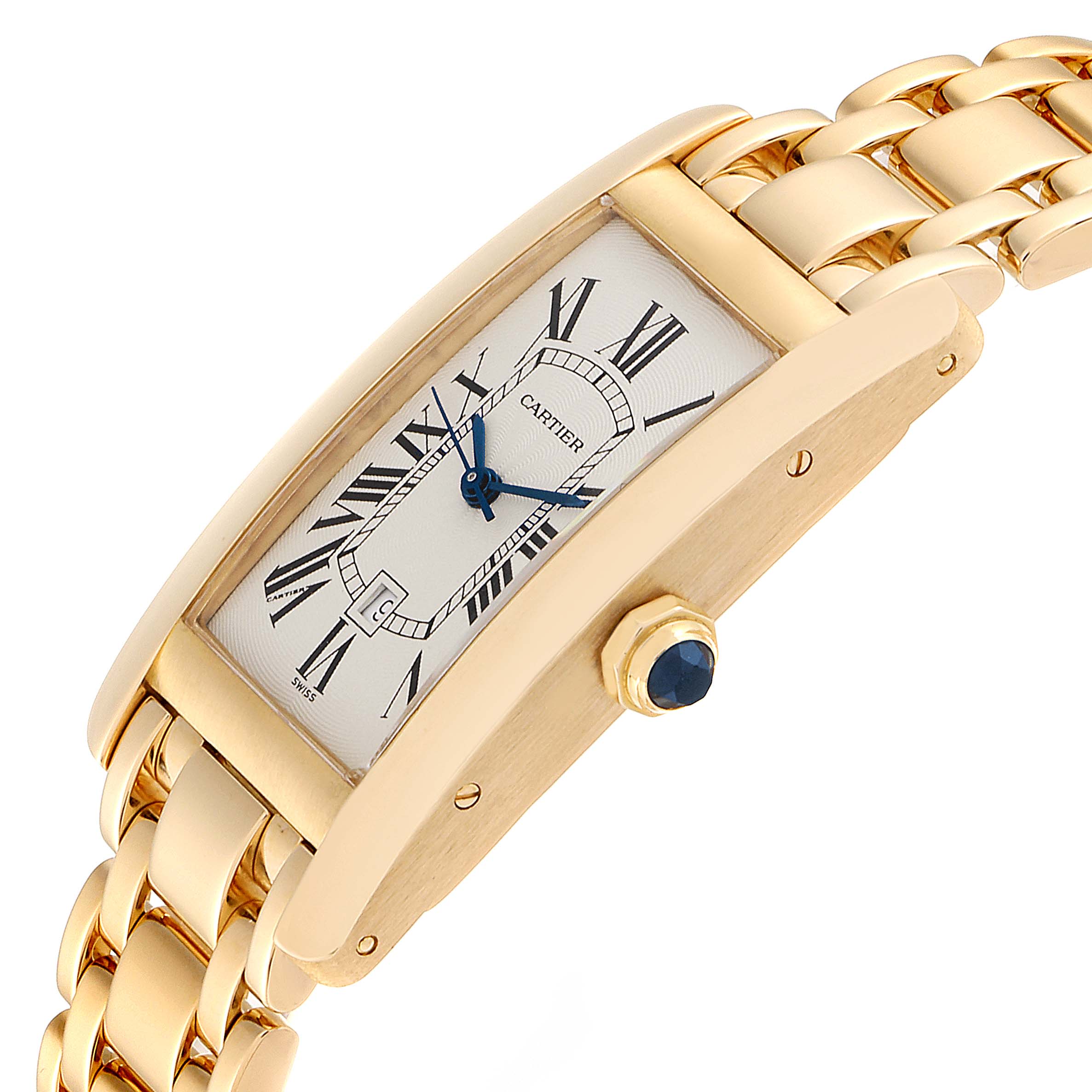 The image shows a side-angle view of the Cartier Tank Américaine watch, highlighting its gold case, crown, and part of the bracelet.