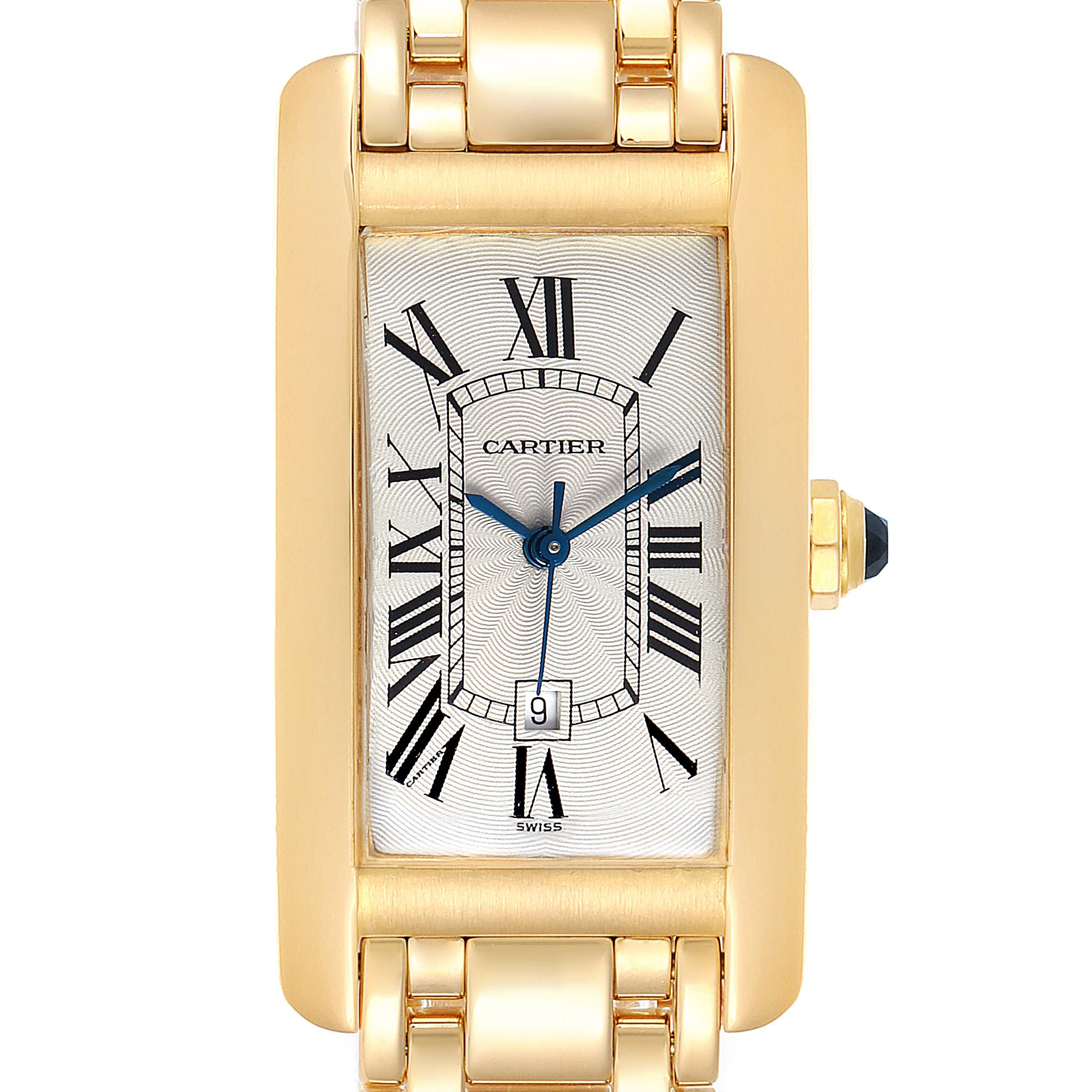The image shows a front view of the Cartier Tank Americaine W26035K2 Women's Yellow Gold Silver Dial W26035K2 Women's Yellow Gold Silver Dial watch, highlighting its rectangular face, Roman numerals, and part of the gold bracelet.