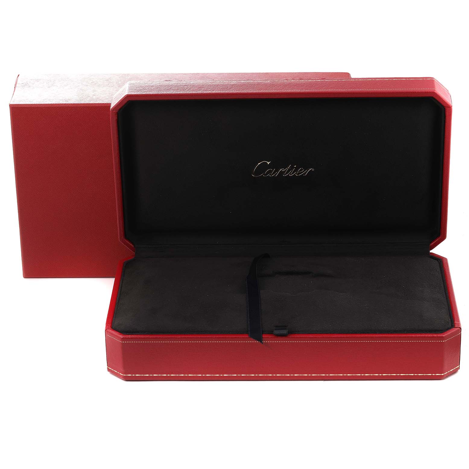 This image shows an open red and black Cartier watch box for the Tank Divan model, without the watch inside.