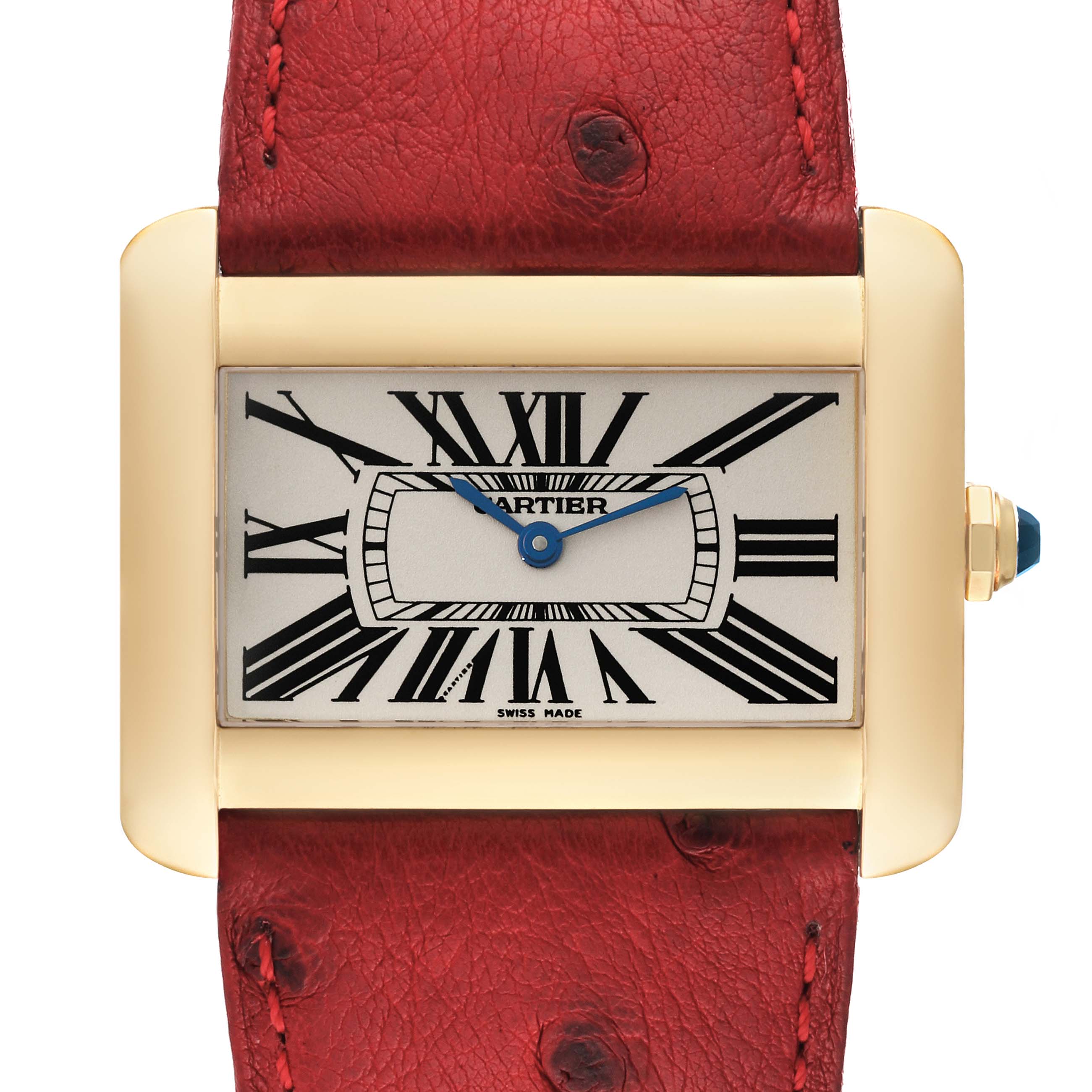 This image shows a front view of the Cartier Tank Divan W6300556‏ Women
s Yellow Gold Silver Dial W6300556‏ Women
s Yellow Gold Silver Dial watch, highlighting the dial, case, and leather strap.