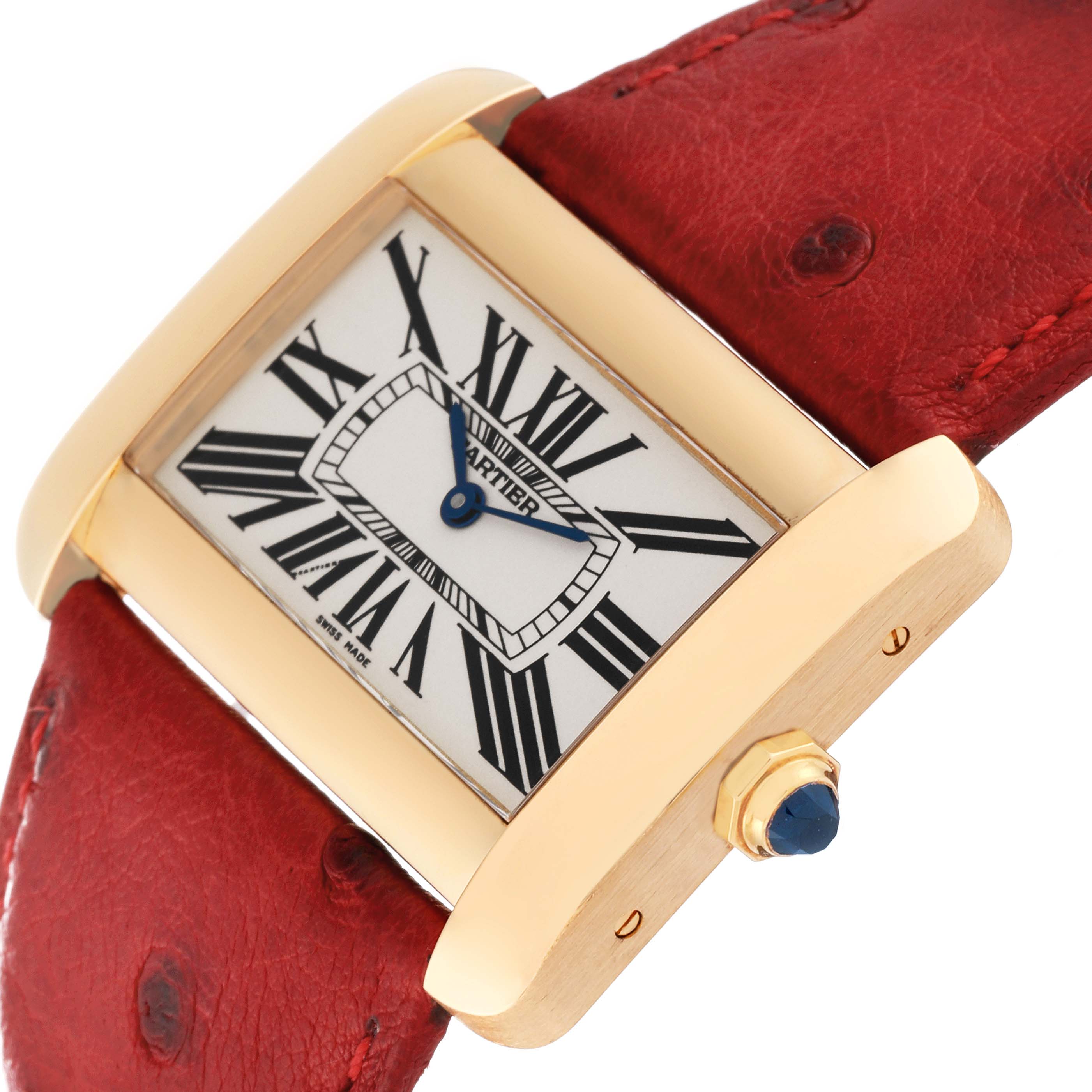 The image shows a close-up, angled view of the Cartier Tank Divan W6300556‏ Women
s Yellow Gold Silver Dial W6300556‏ Women
s Yellow Gold Silver Dial watch, highlighting the face, crown, and red leather strap.