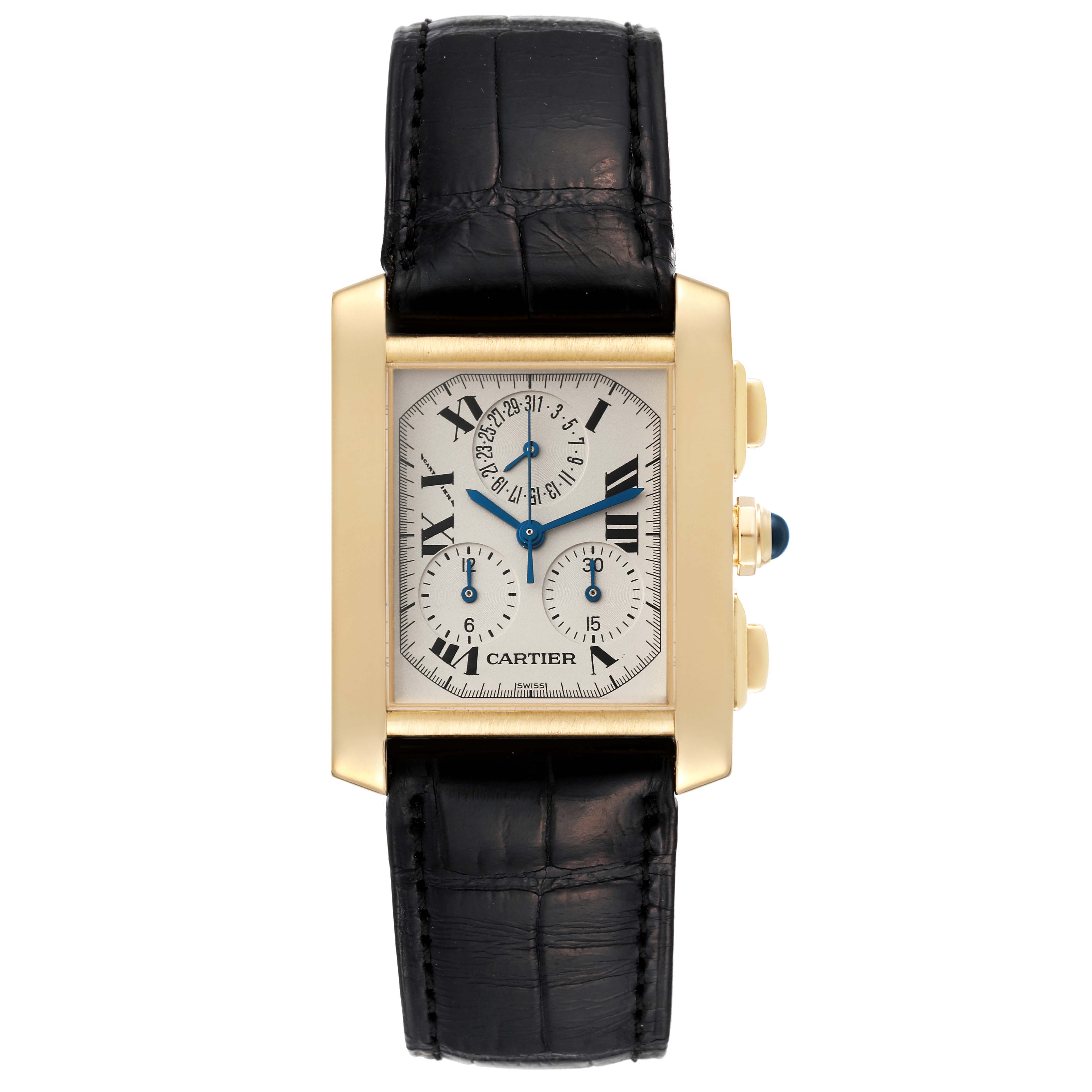 The image shows a Cartier Tank Francaise W5000556 Men's Yellow Gold Silver Dial W5000556 Men's Yellow Gold Silver Dial watch from a front view, highlighting its dial, case, and strap.