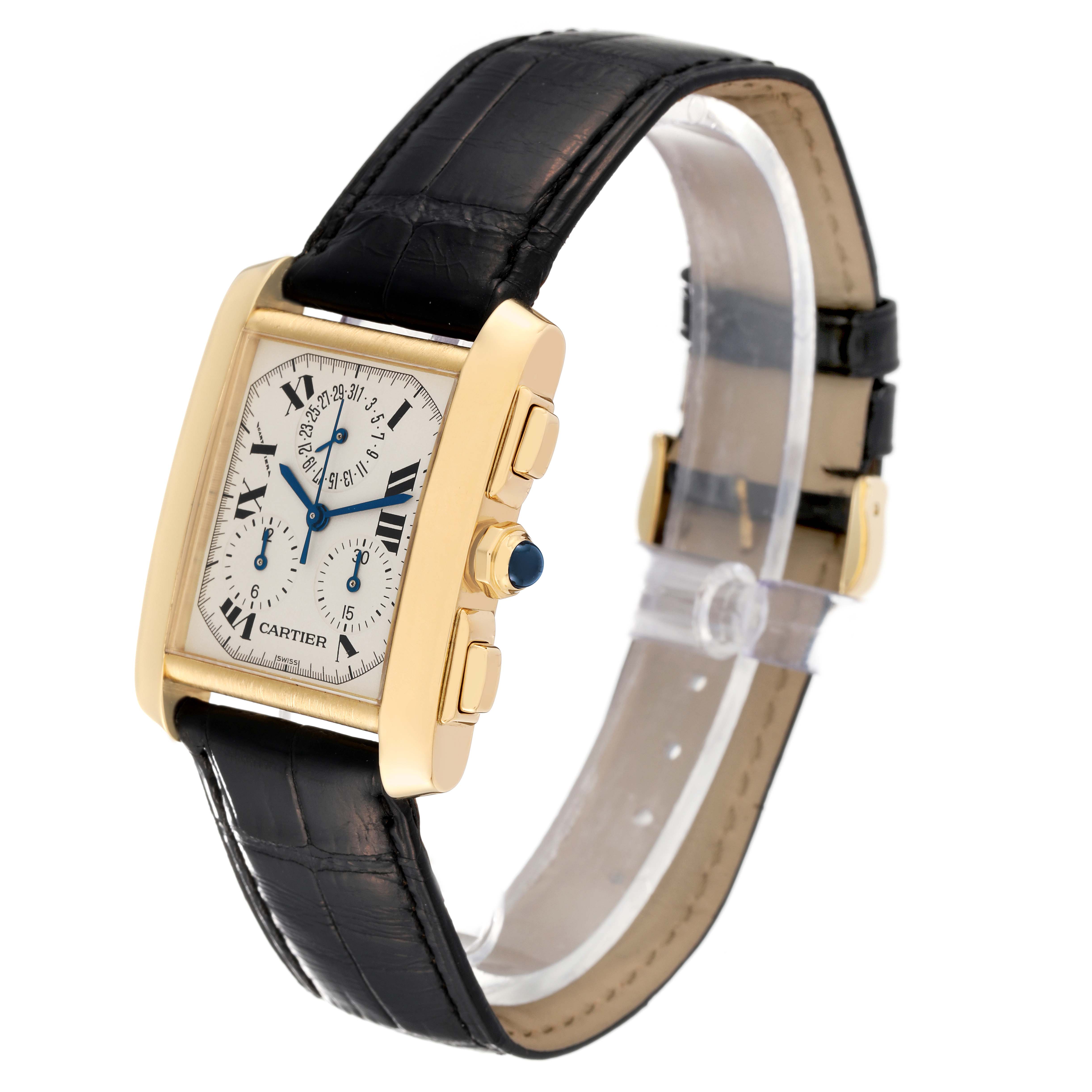 The Cartier Tank Francaise W5000556 Men's Yellow Gold Silver Dial W5000556 Men's Yellow Gold Silver Dial watch is shown at a three-quarters angle, highlighting the dial, gold case, and black leather strap.