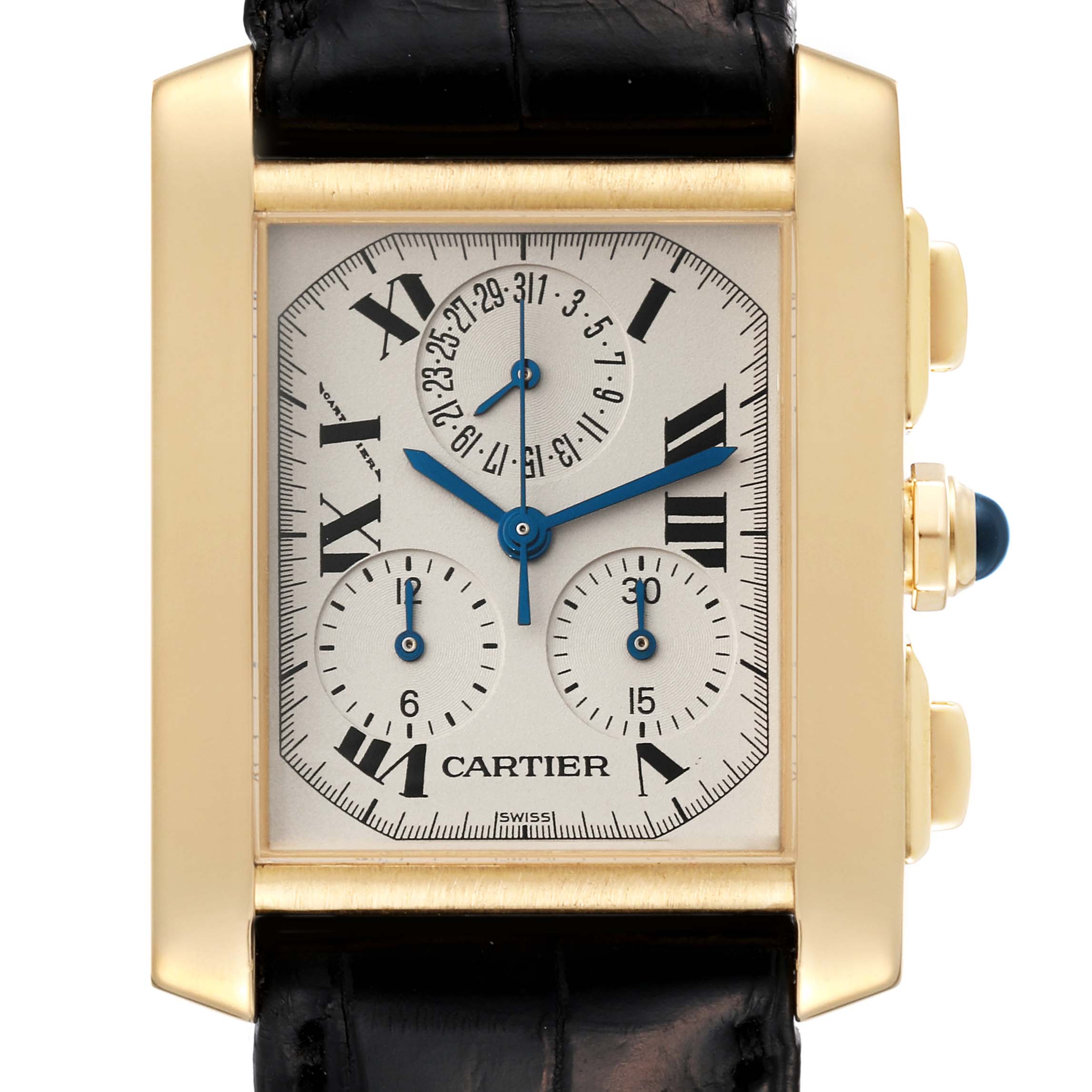 The image shows a frontal view of the Cartier Tank Francaise W5000556 Men's Yellow Gold Silver Dial W5000556 Men's Yellow Gold Silver Dial watch, detailing its rectangular face, Roman numerals, chronograph dials, and blue hands.