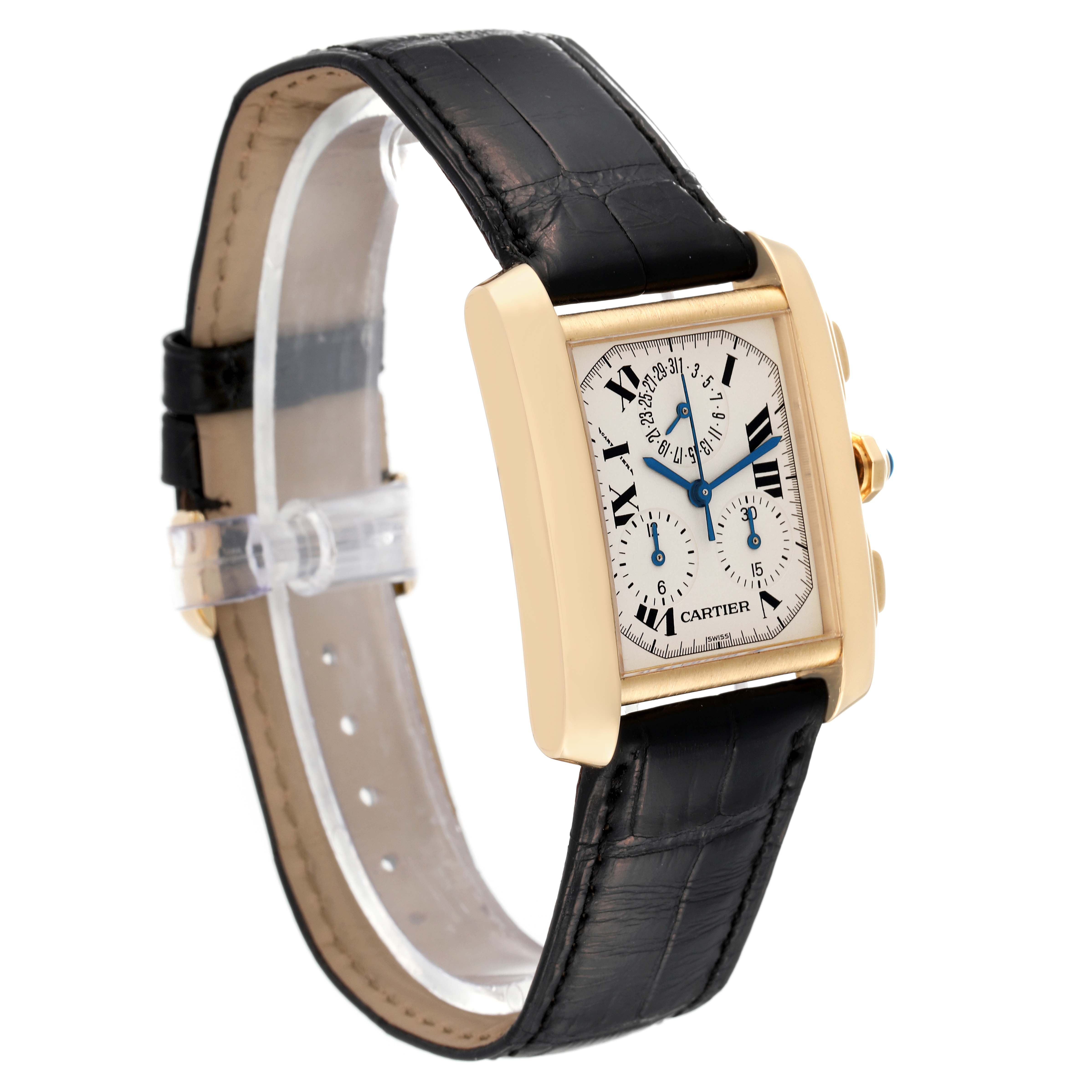 The Cartier Tank Francaise W5000556 Men's Yellow Gold Silver Dial W5000556 Men's Yellow Gold Silver Dial watch is shown at an angled side view, highlighting its face, gold case, and black leather strap.