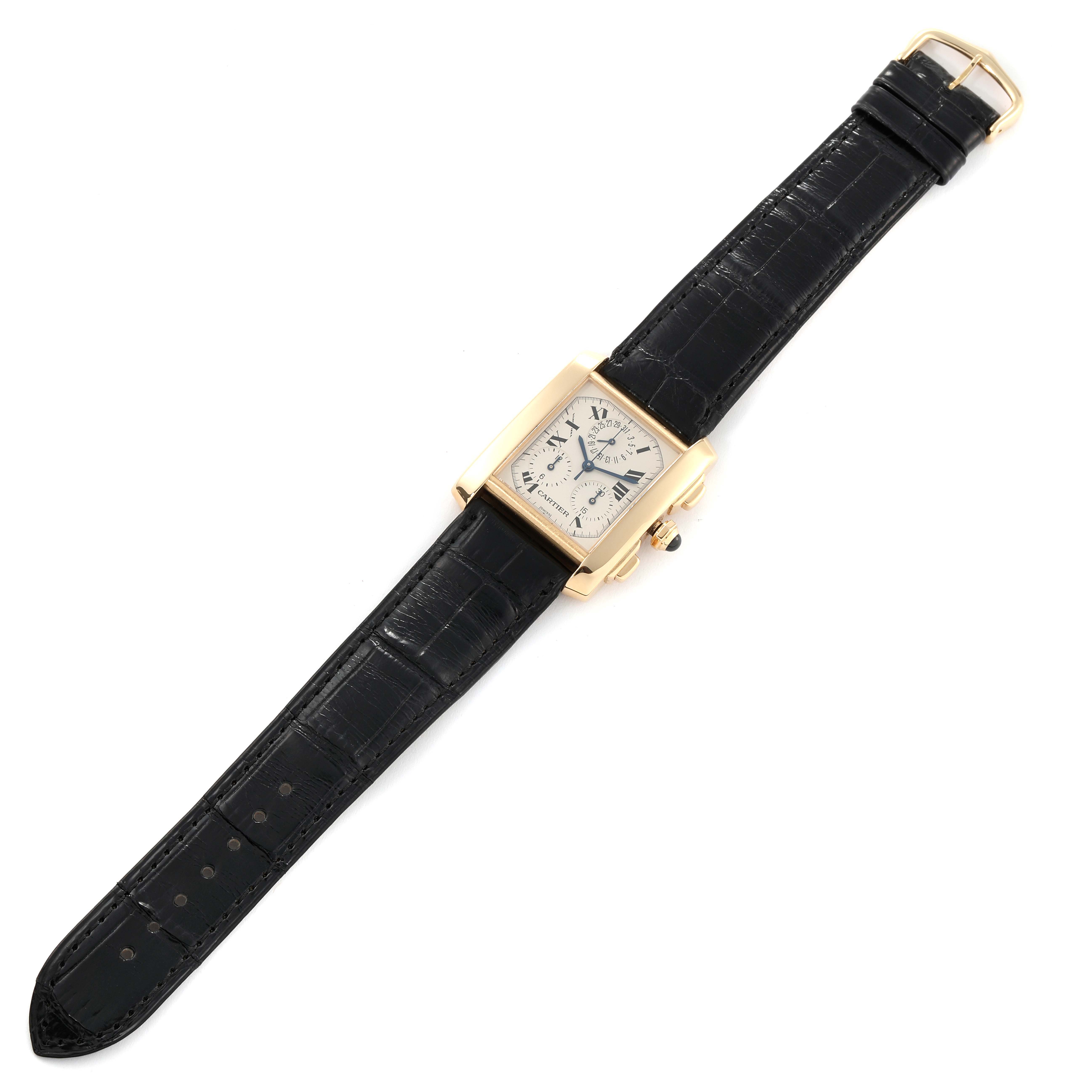 The Cartier Tank Francaise W5000556 Men's Yellow Gold Silver Dial W5000556 Men's Yellow Gold Silver Dial watch is shown from a top view, displaying its face, case, and black leather strap.