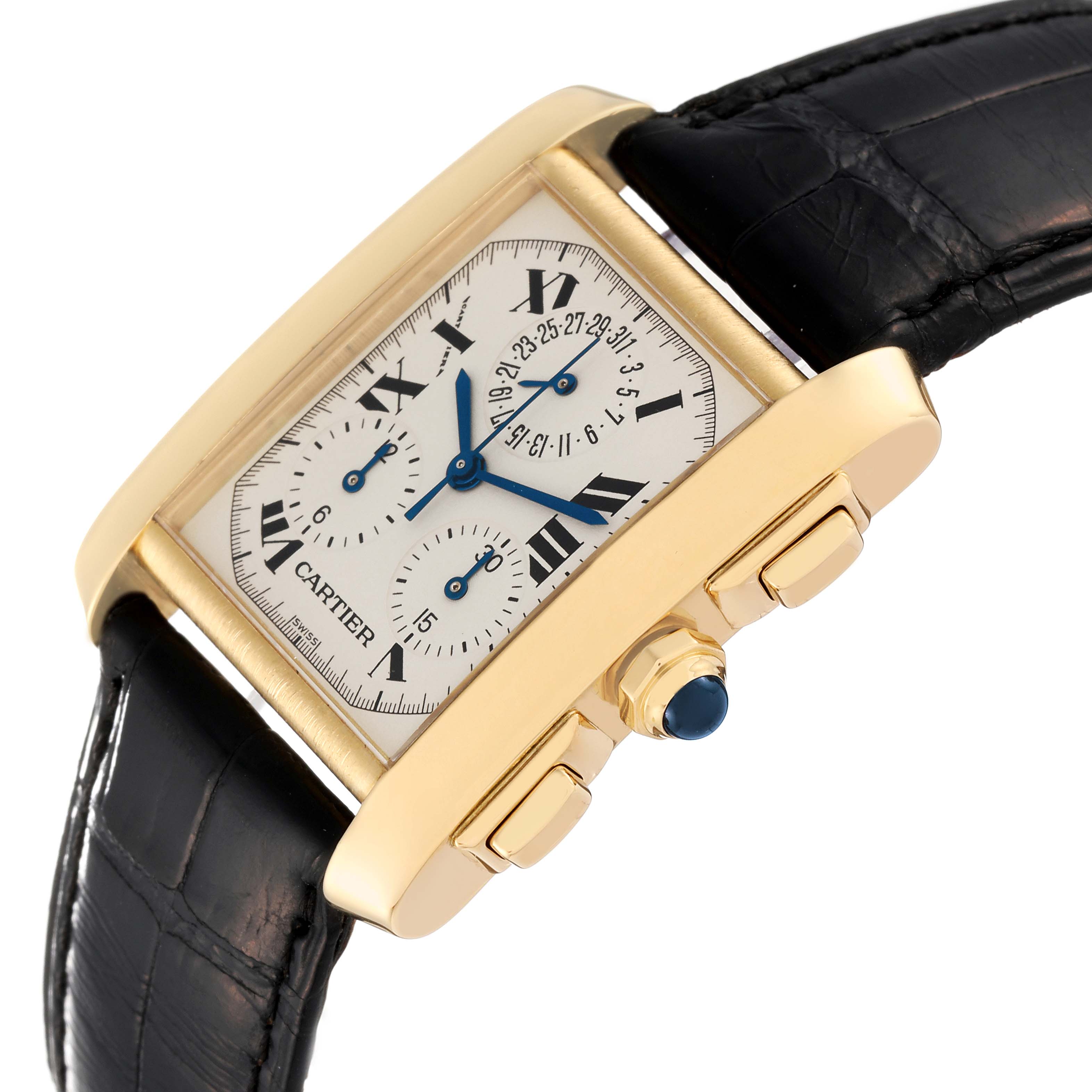The Cartier Tank Francaise W5000556 Men's Yellow Gold Silver Dial W5000556 Men's Yellow Gold Silver Dial watch is shown at an angle highlighting the gold case, dial, black leather strap, and side buttons.