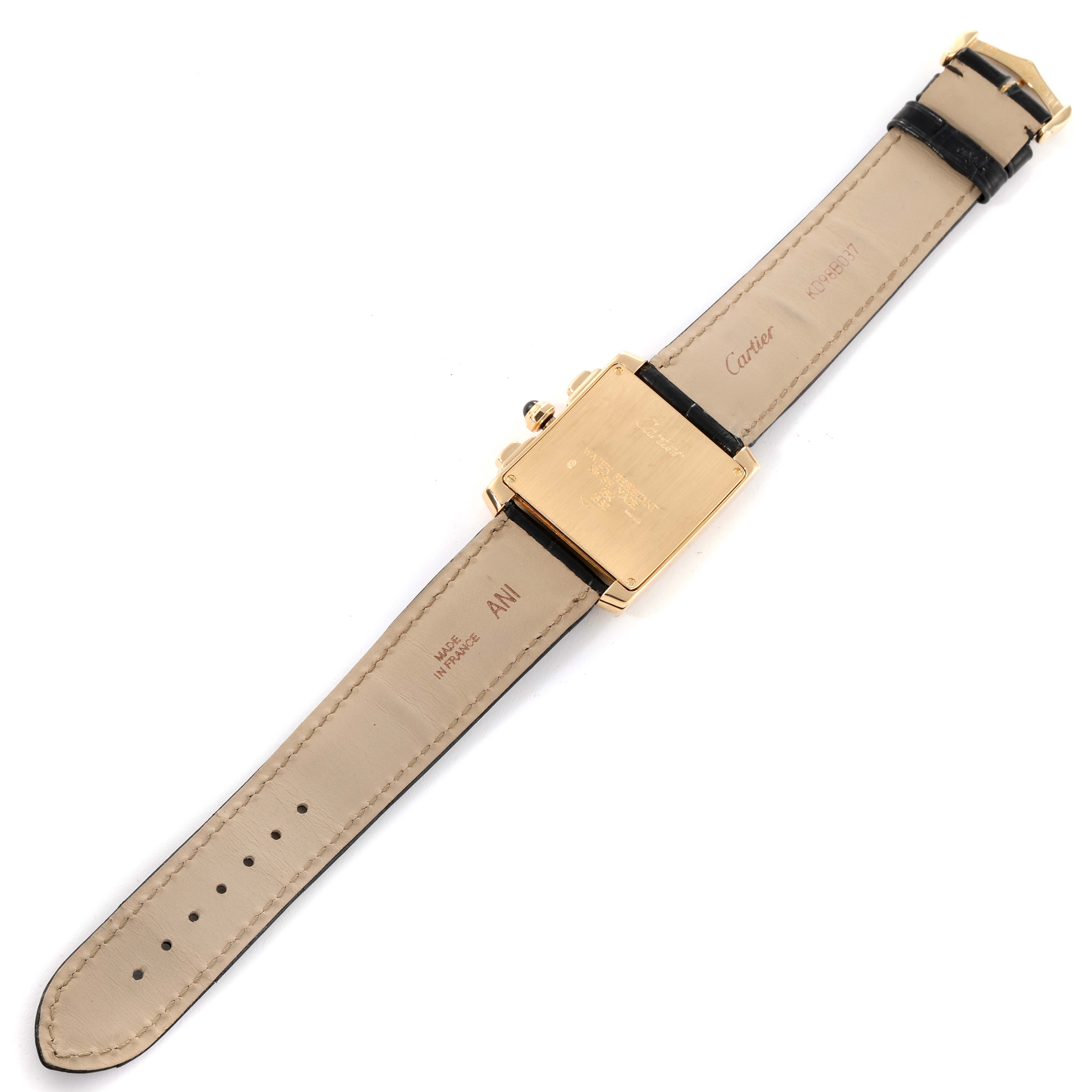 The image shows the back view of a Cartier Tank Francaise W5000556 Men's Yellow Gold Silver Dial W5000556 Men's Yellow Gold Silver Dial watch, highlighting its leather strap and clasp.