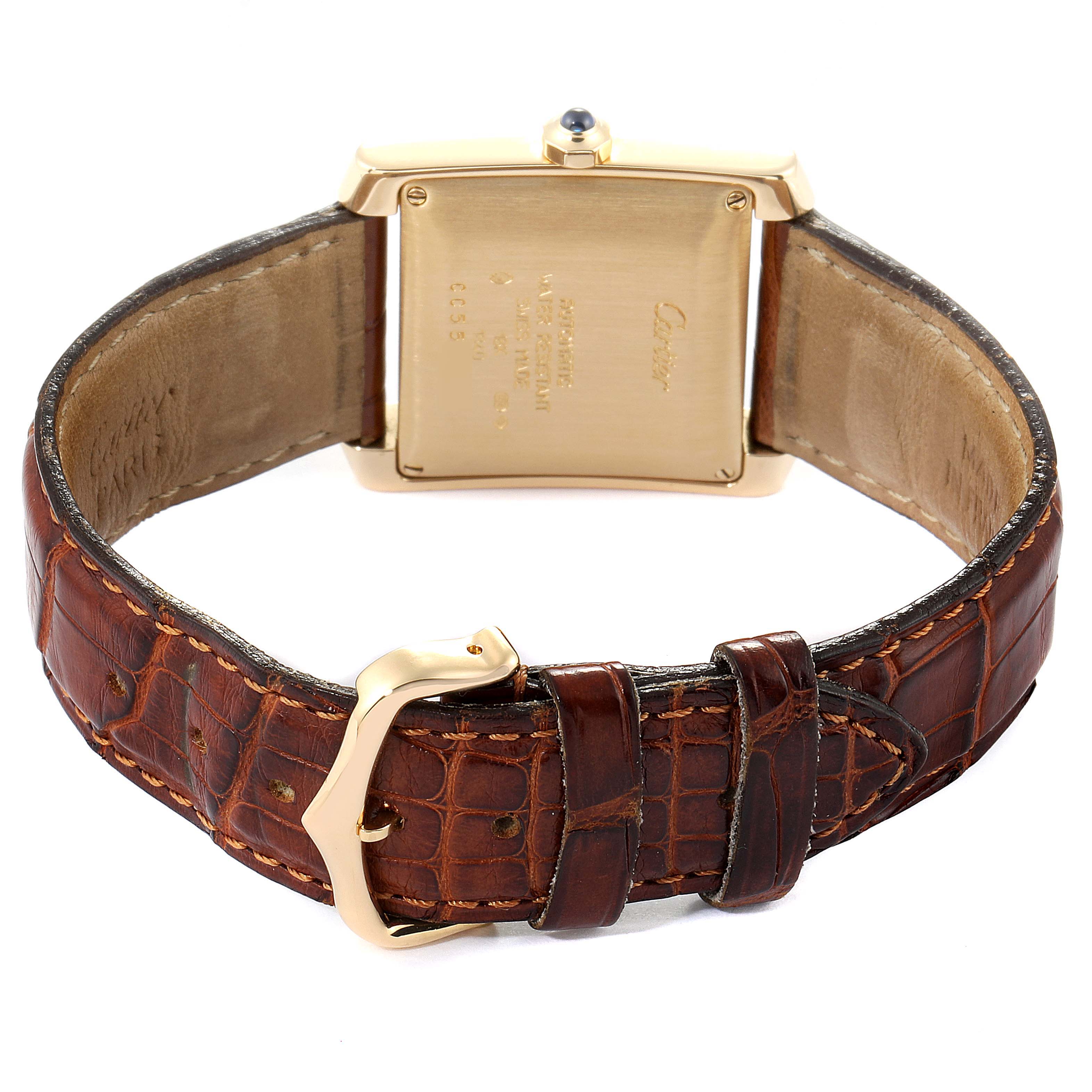 This image shows the back view of a Cartier Tank Francaise W5000156 Men's Yellow Gold Silver Dial W5000156 Men's Yellow Gold Silver Dial watch, highlighting its case and leather strap.