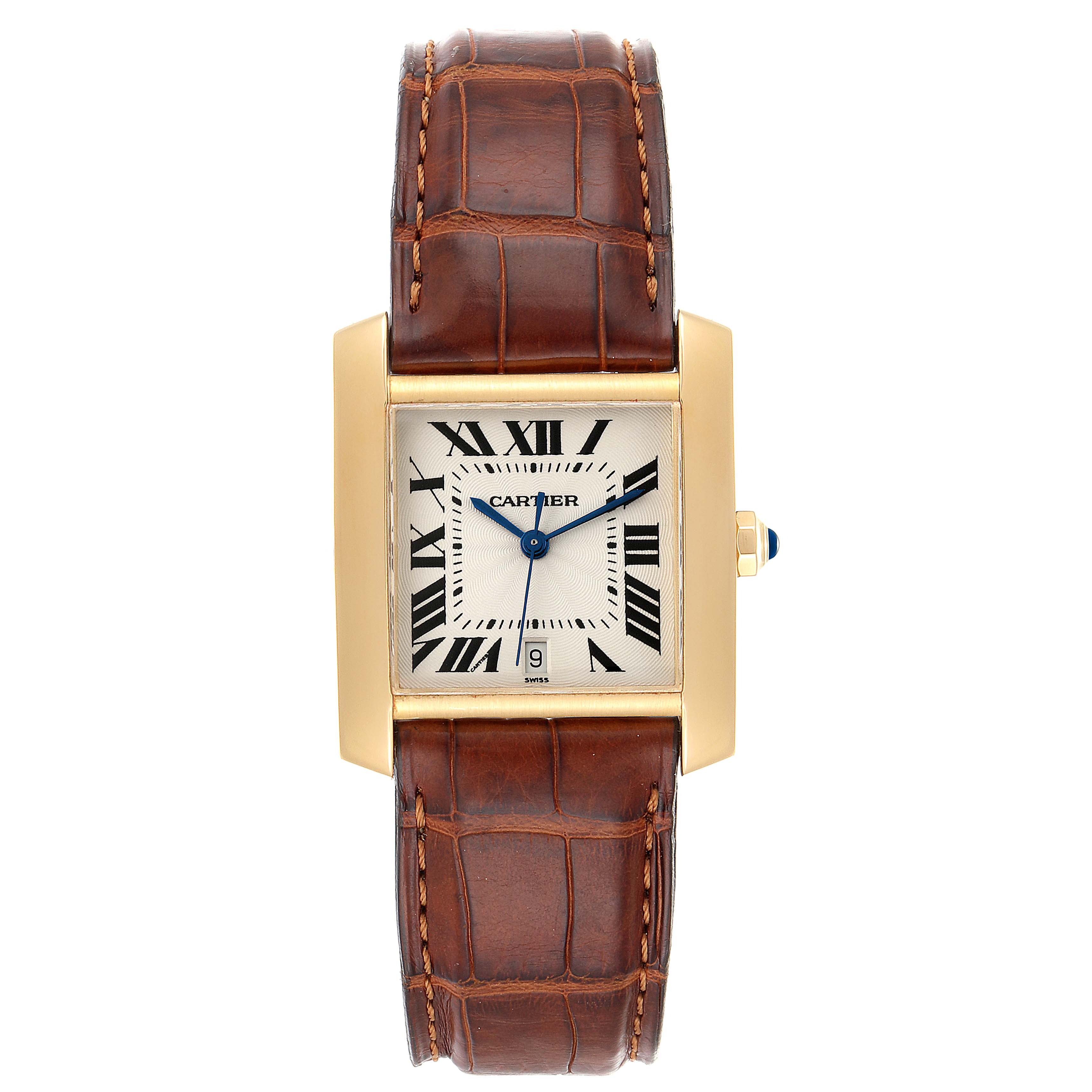 This image shows a front view of the Cartier Tank Francaise W5000156 Men's Yellow Gold Silver Dial W5000156 Men's Yellow Gold Silver Dial model watch, highlighting its rectangular face, brown leather strap, and Roman numerals.