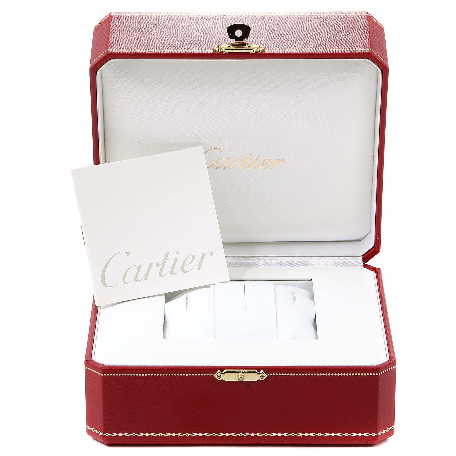 The image shows an open Cartier watch box with the Tank Francaise model's documentation inside.