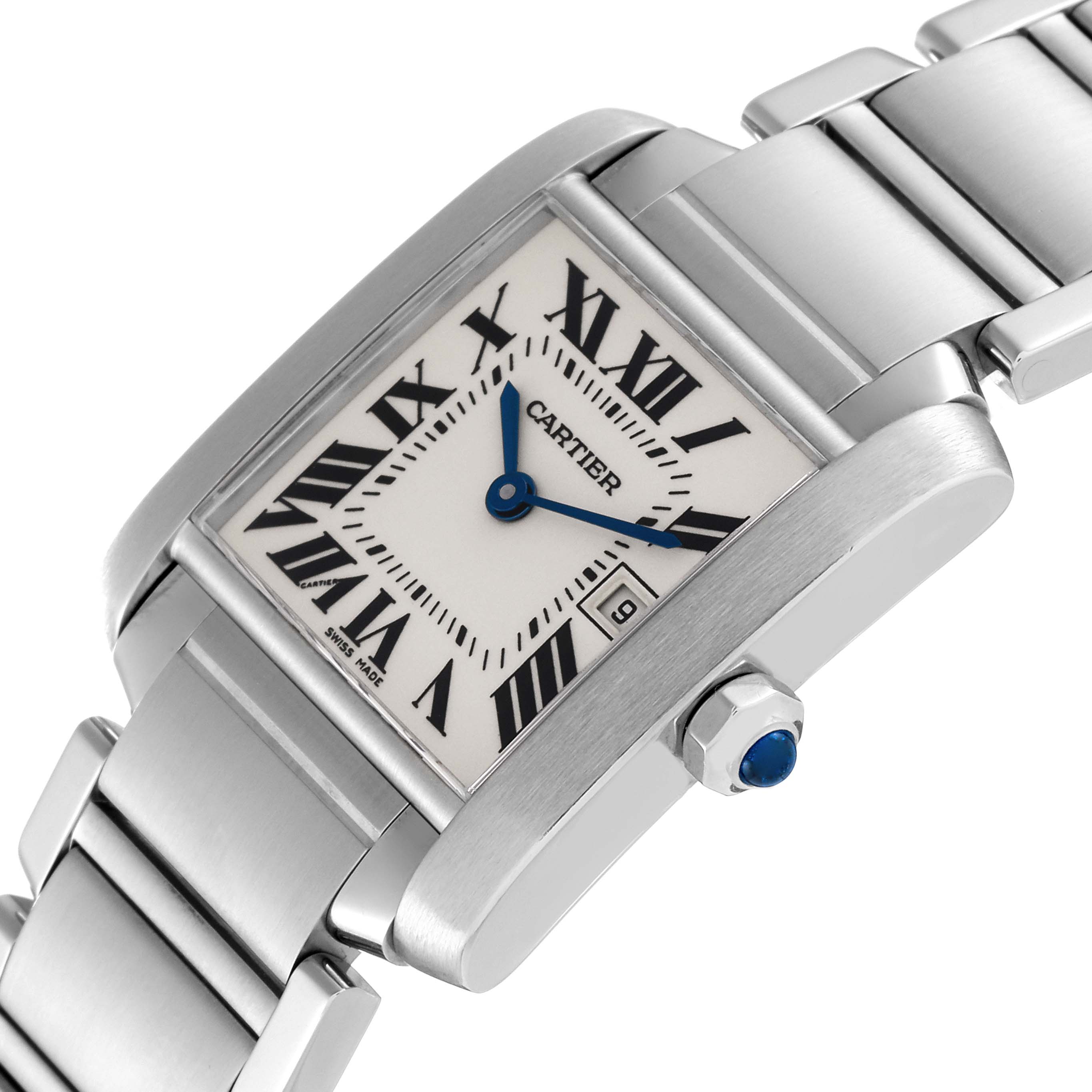 The Cartier Tank Francaise W51011Q3 Women
s Stainless Steel Silver Dial W51011Q3 Women
s Stainless Steel Silver Dial watch is shown at an angled view displaying the dial, crown, and part of the bracelet.