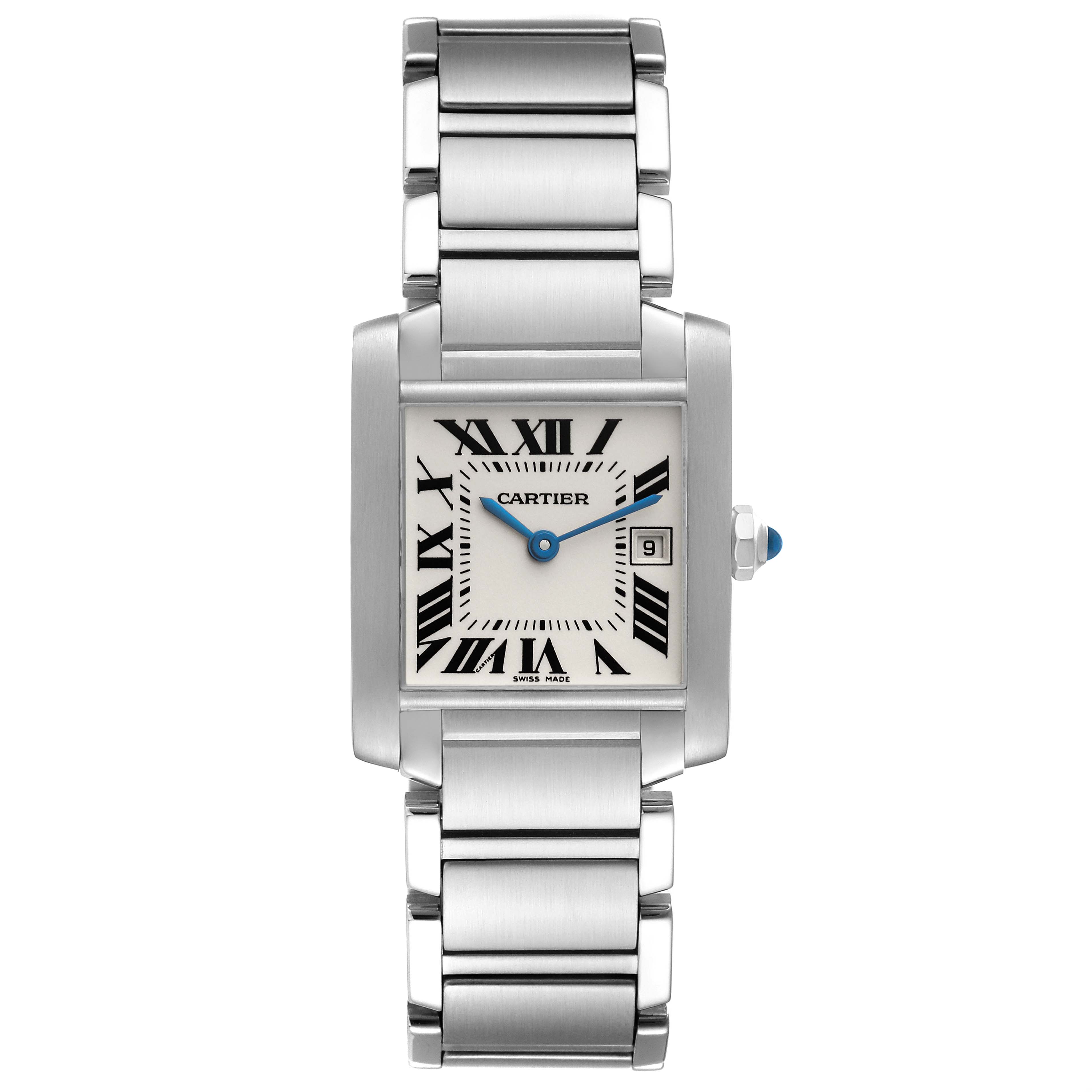 This image shows a front view of a Cartier Tank Francaise W51011Q3 Women
s Stainless Steel Silver Dial W51011Q3 Women
s Stainless Steel Silver Dial watch, displaying its rectangular face, Roman numeral indices, and metal bracelet.