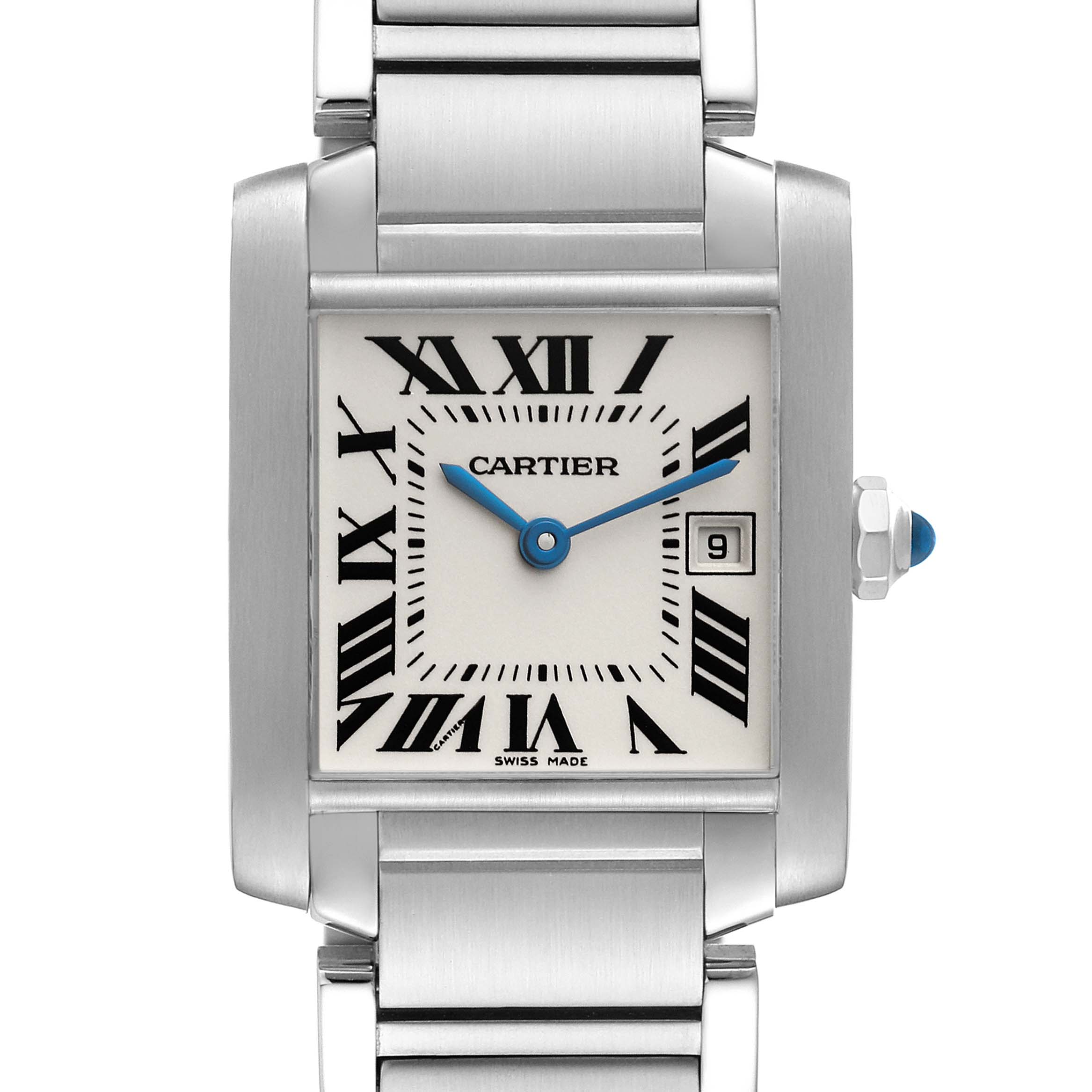 This image shows a frontal view of the Cartier Tank Francaise W51011Q3 Women
s Stainless Steel Silver Dial W51011Q3 Women
s Stainless Steel Silver Dial watch, highlighting the face, Roman numerals, and part of the metal bracelet.